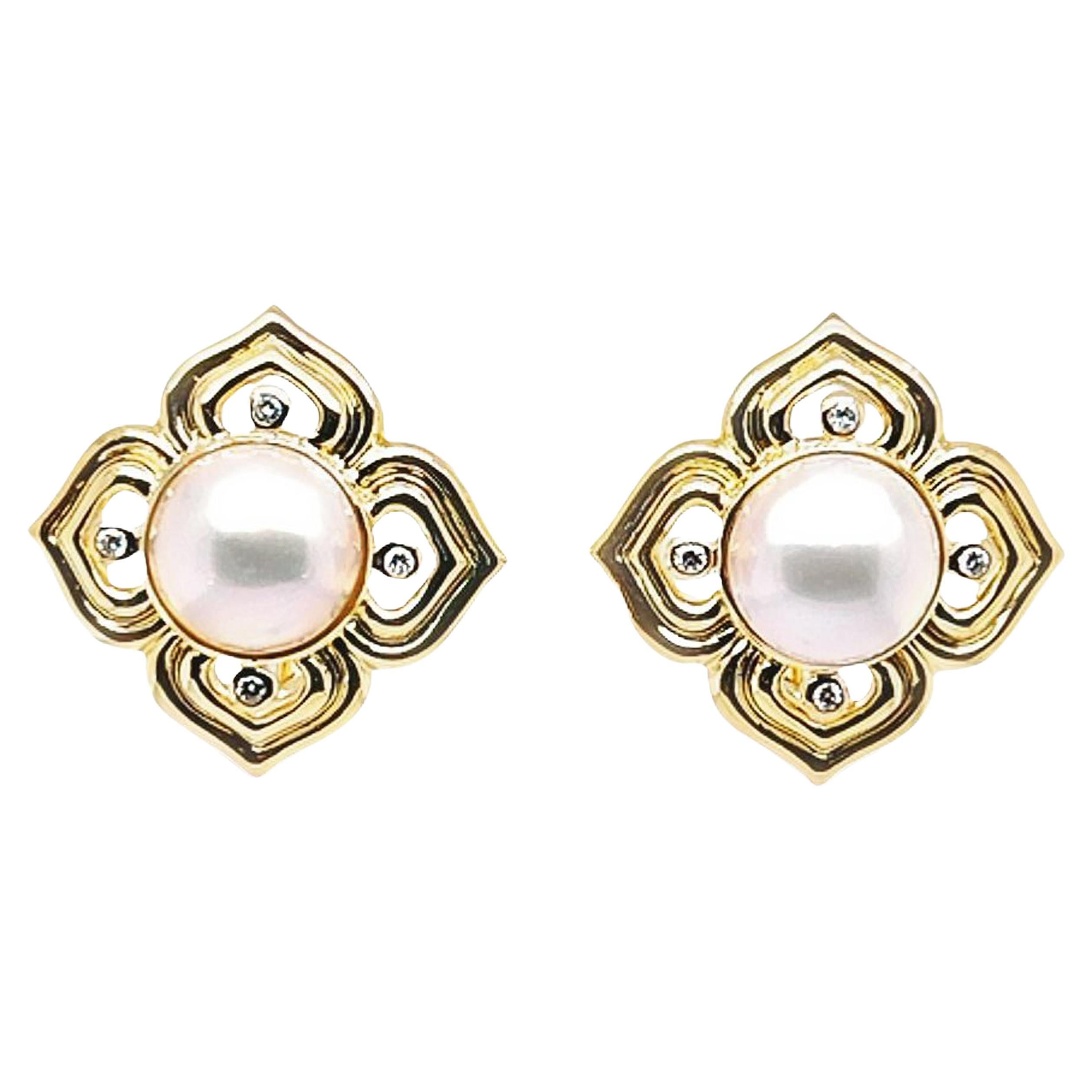 Mabe Pearl and Diamond Flower Earrings For Sale