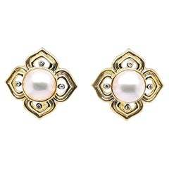 Vintage Mabe Pearl and Diamond Flower Earrings