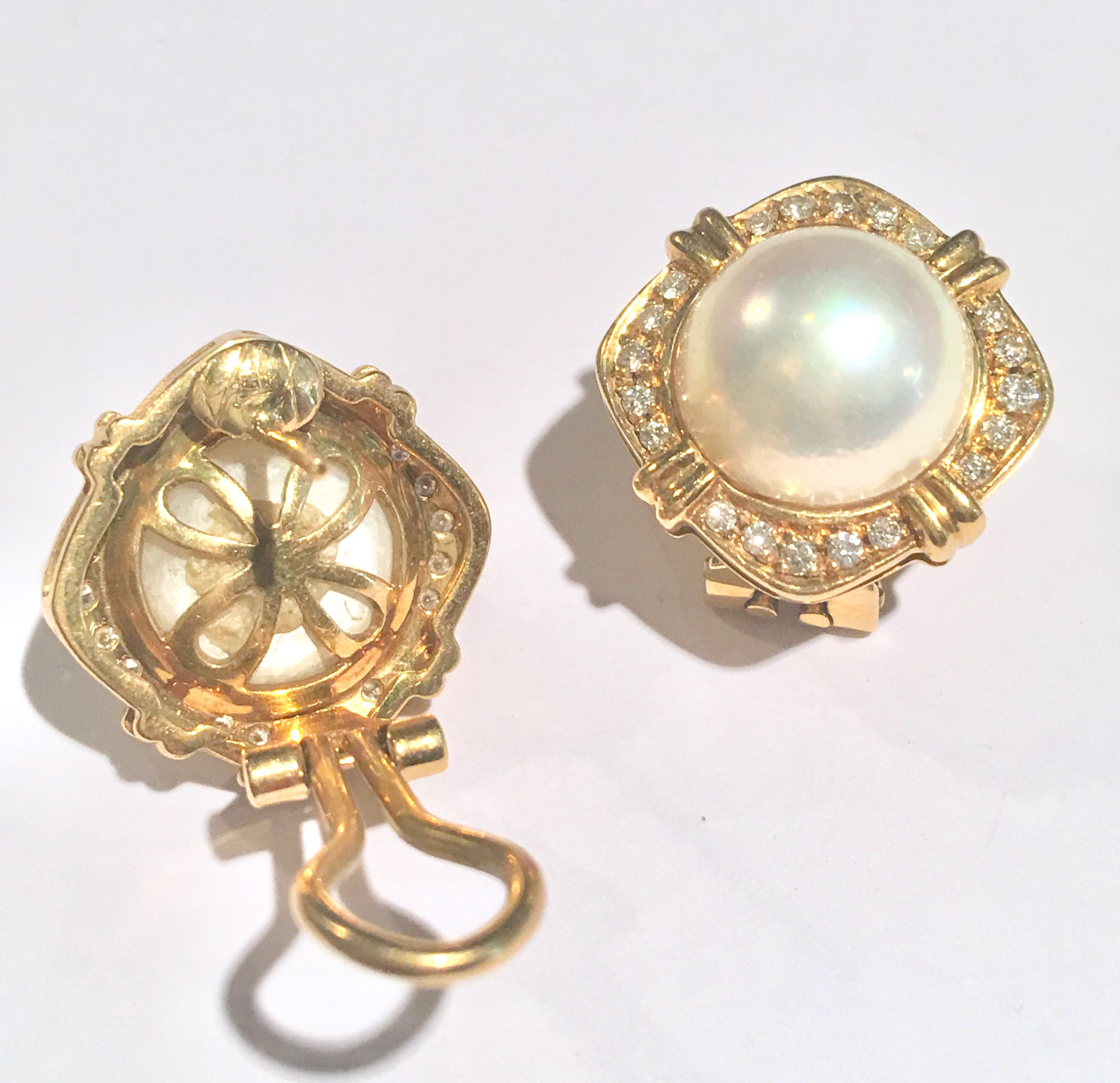 Contemporary Mabe Pearl and Diamonds 18 Karat Yellow Gold Earrings