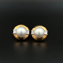 Mabe Pearl and Emerald Cut Diamond French Clip Gold Vintage Earrings