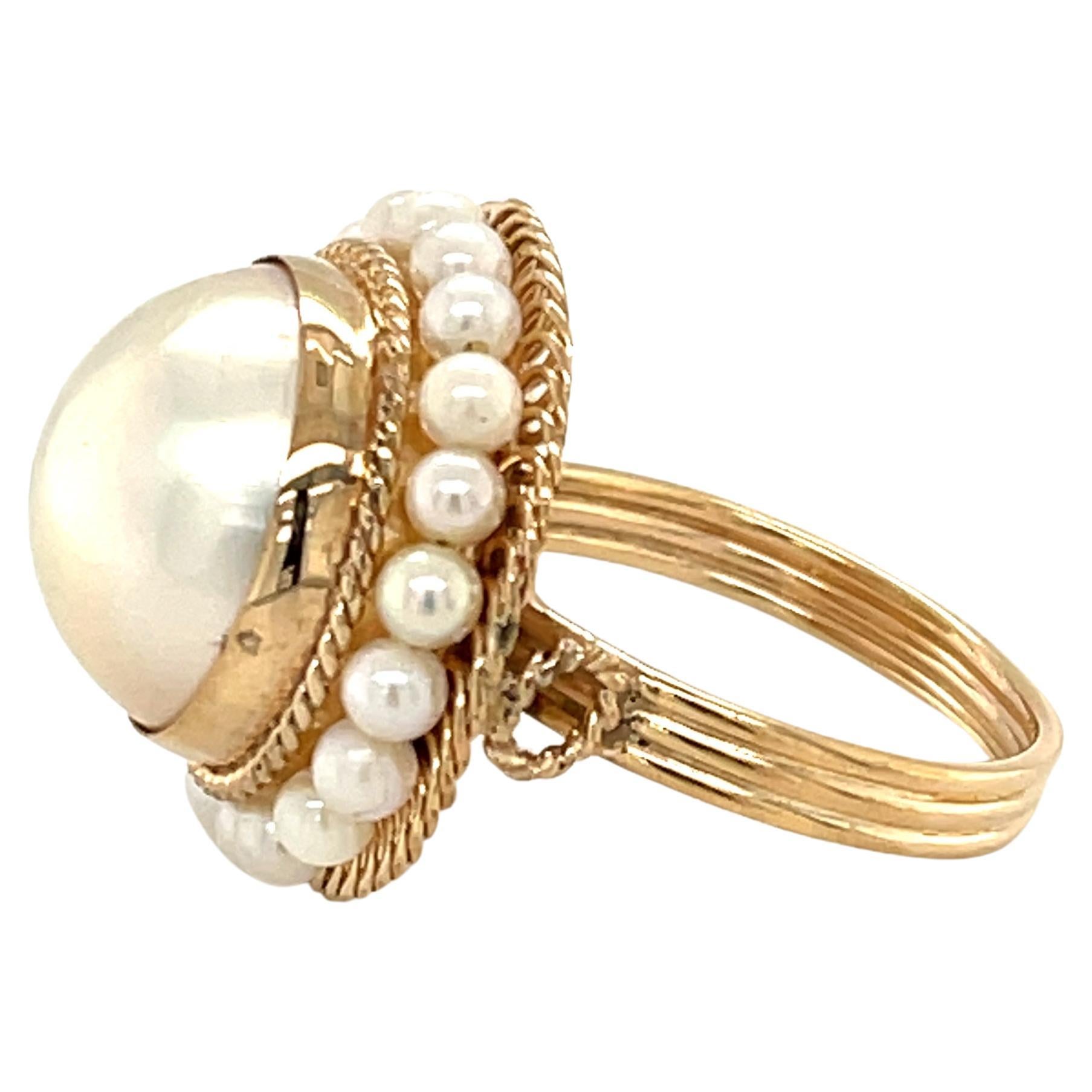 Mabe and Seed Pearl Cocktail Ring, Handmade with Yellow Gold Filigree In New Condition In Los Angeles, CA