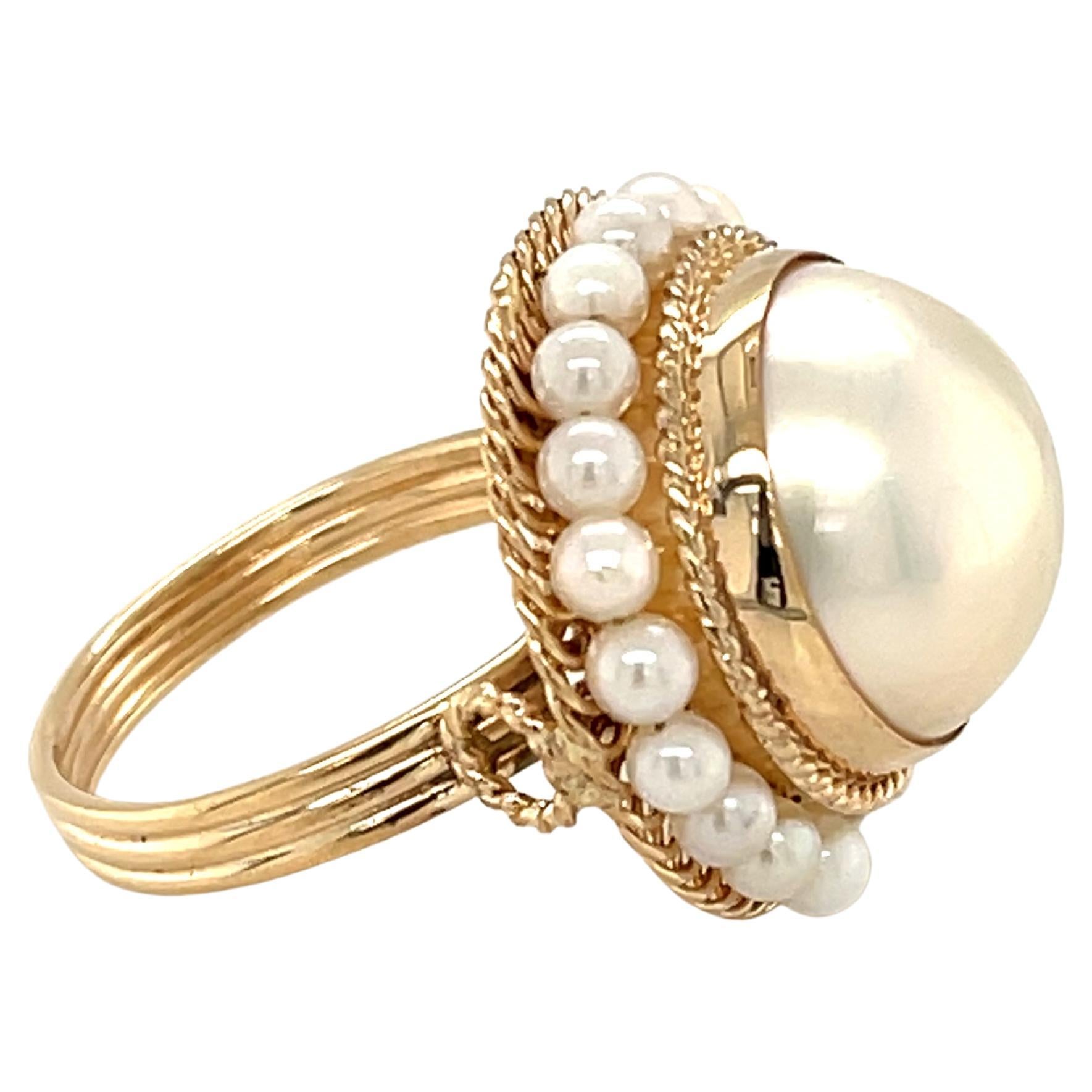 Artisan Mabe and Seed Pearl Cocktail Ring, Handmade with Yellow Gold Filigree