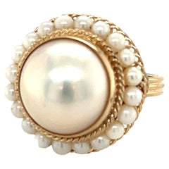 Mabe and Seed Pearl Cocktail Ring, Handmade with Yellow Gold Filigree