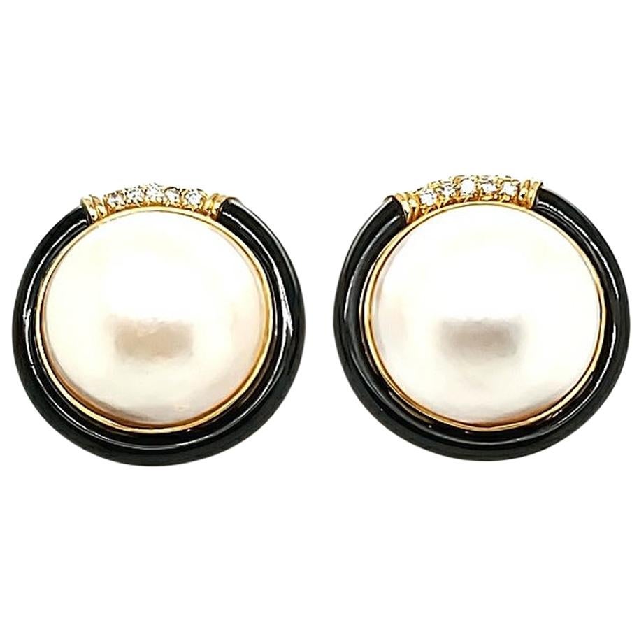 Mabe Pearl, Black Jade, and White Diamond Gold Earrings For Sale