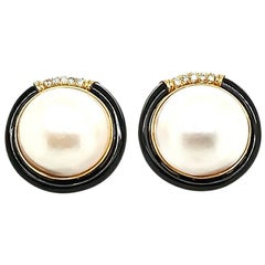 Used Mabe Pearl, Black Jade, and White Diamond Gold Earrings