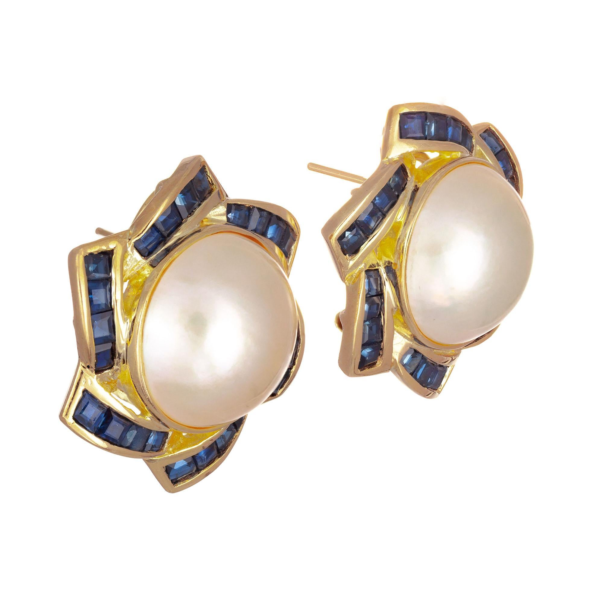 Round Cut Mabe Pearl Blue Sapphire Yellow Gold Clip Post Earrings For Sale