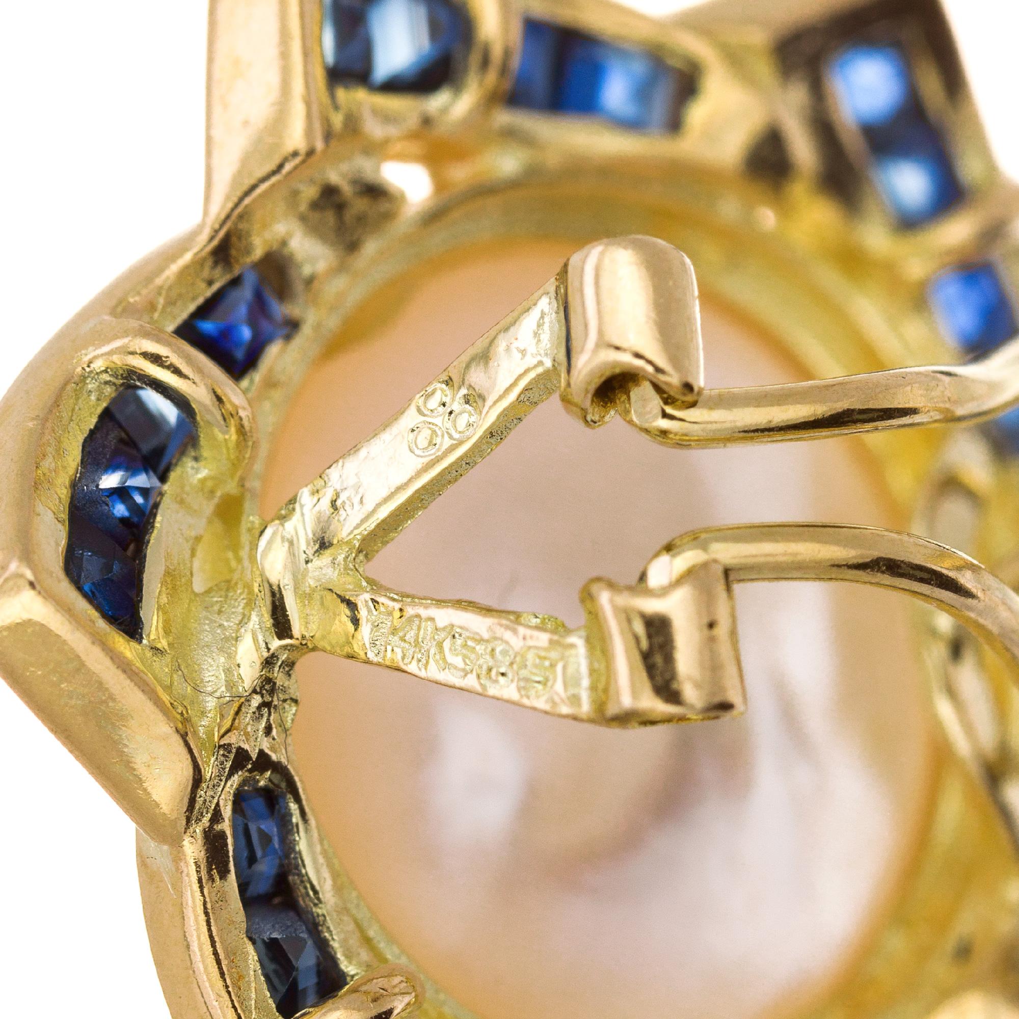 Mabe Perle Blauer Saphir Gelbgold Clip Post Ohrringe Damen im Angebot