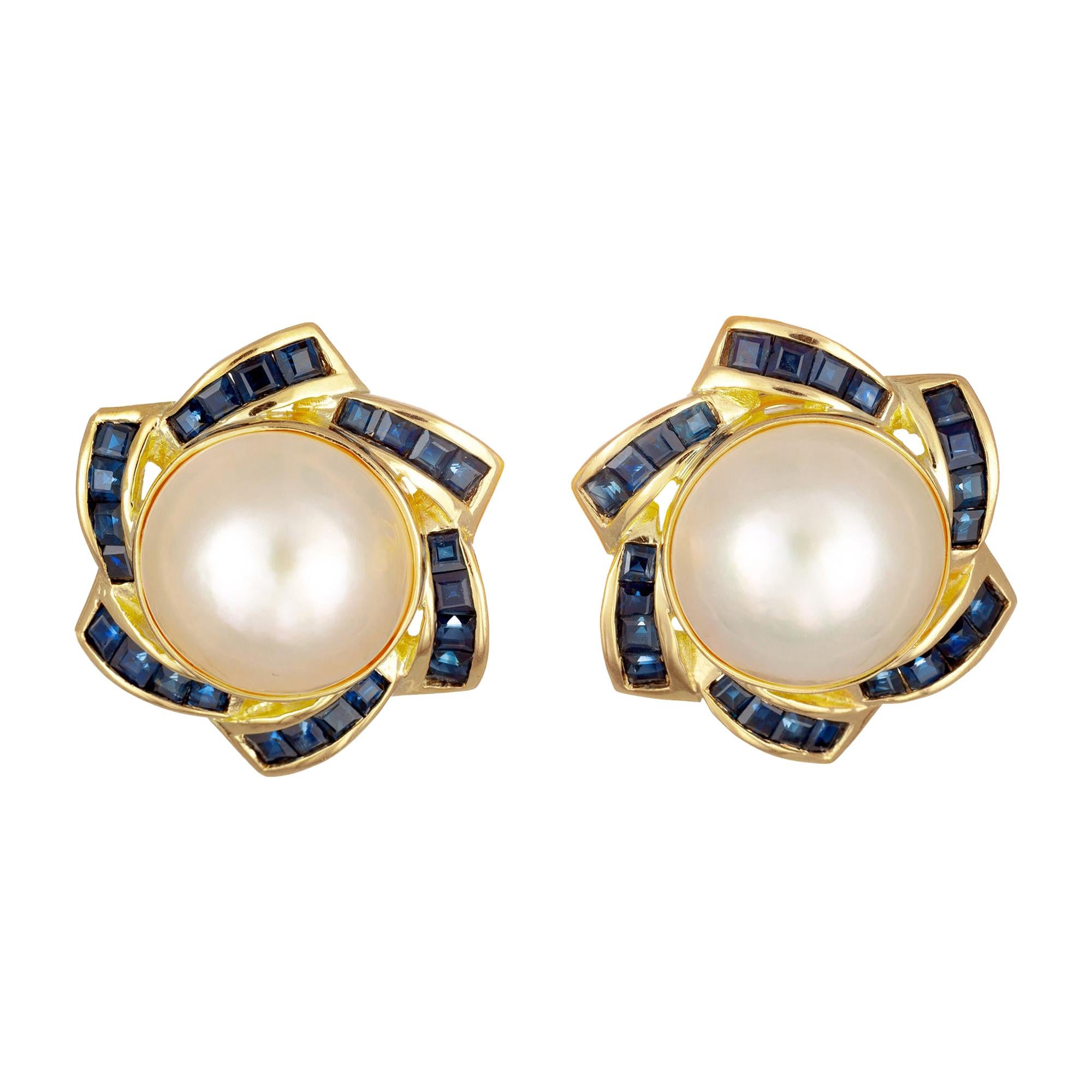 Mabe Pearl Blue Sapphire Yellow Gold Clip Post Earrings