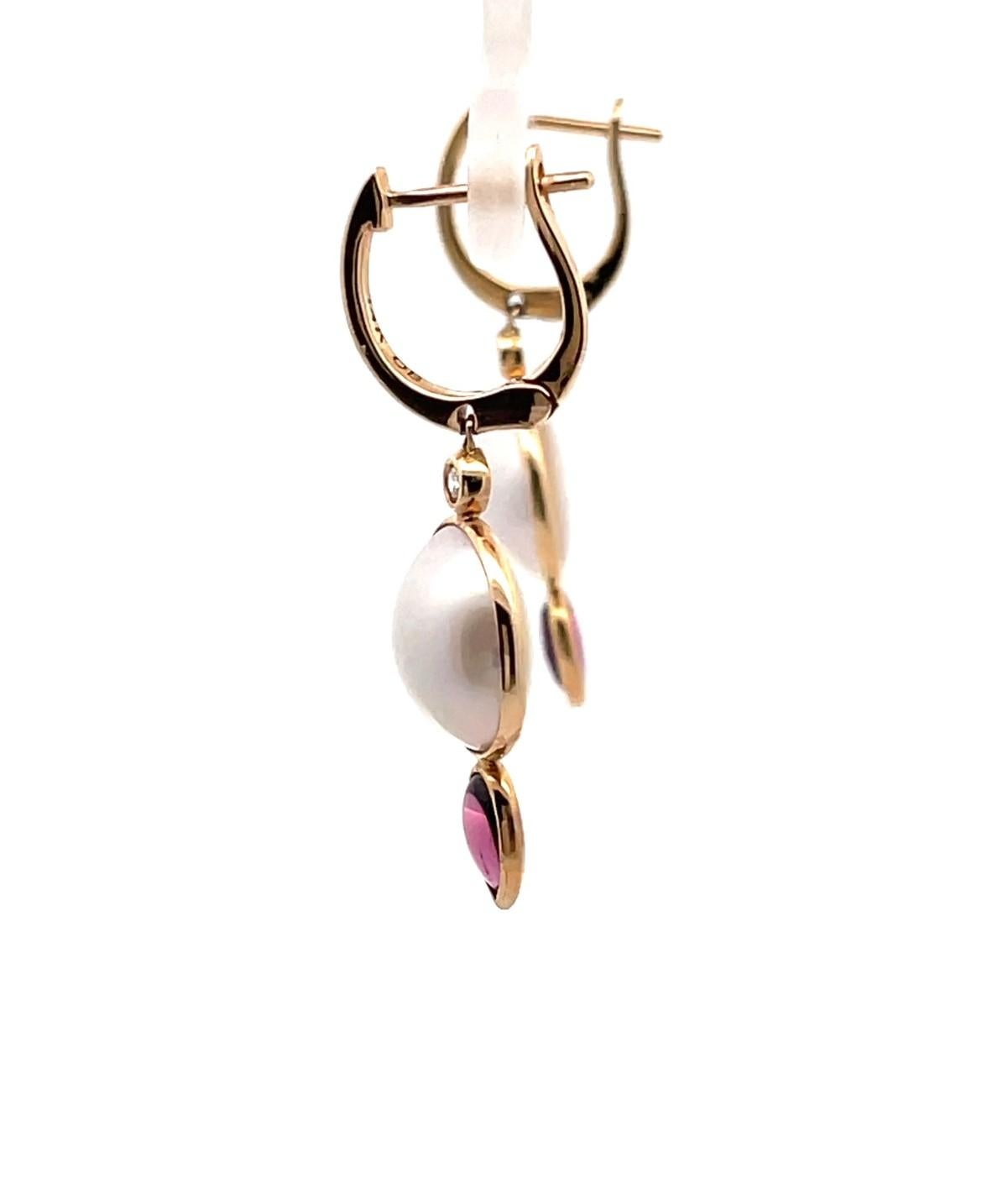 Mabe - Pendants d'oreilles en or 14K avec perles et briolettes Rhodolite - Dos à charnière en vente 2