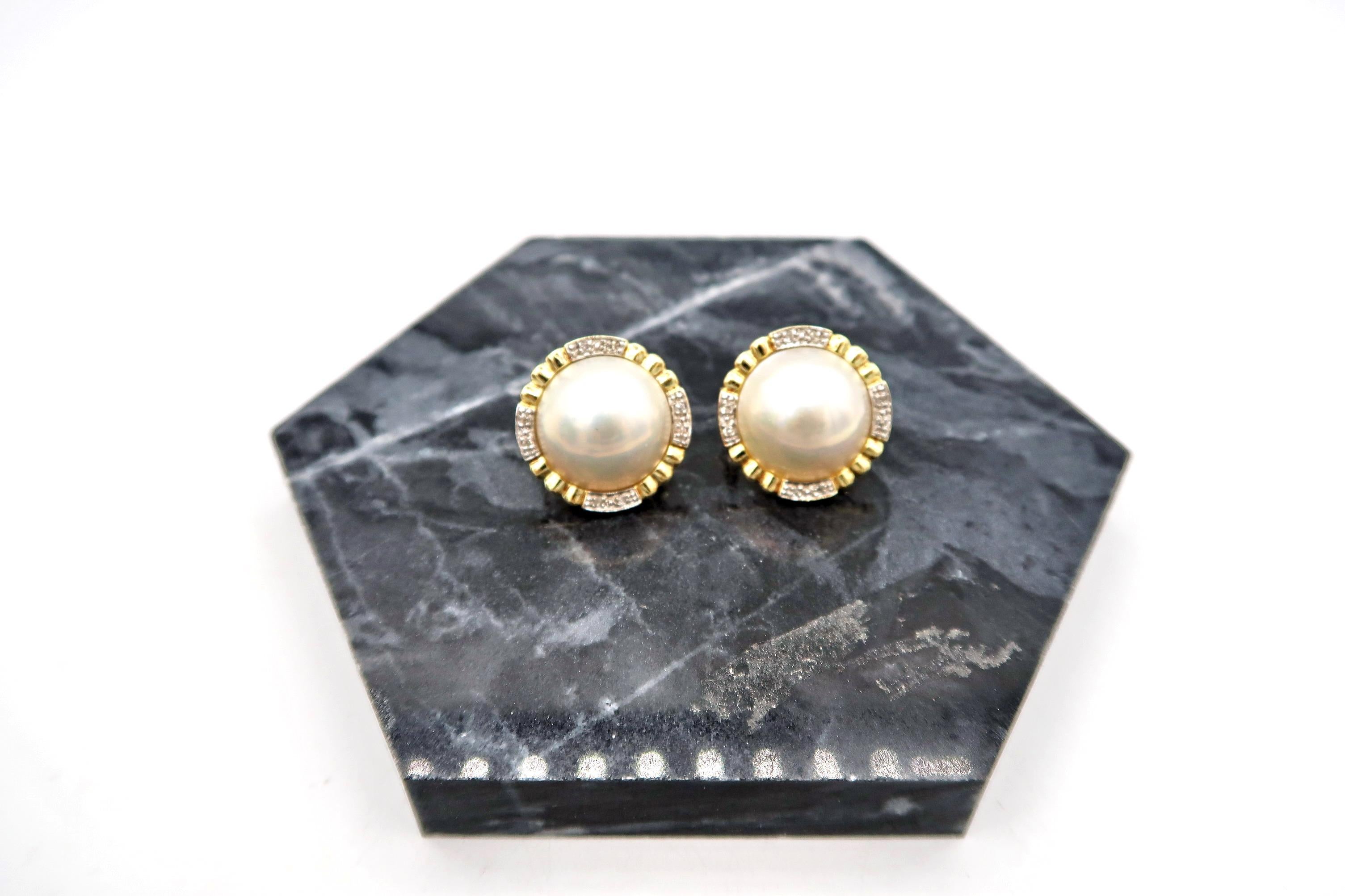 Brilliant Cut Mabe Pearl Clip-On Earrings with Diamond