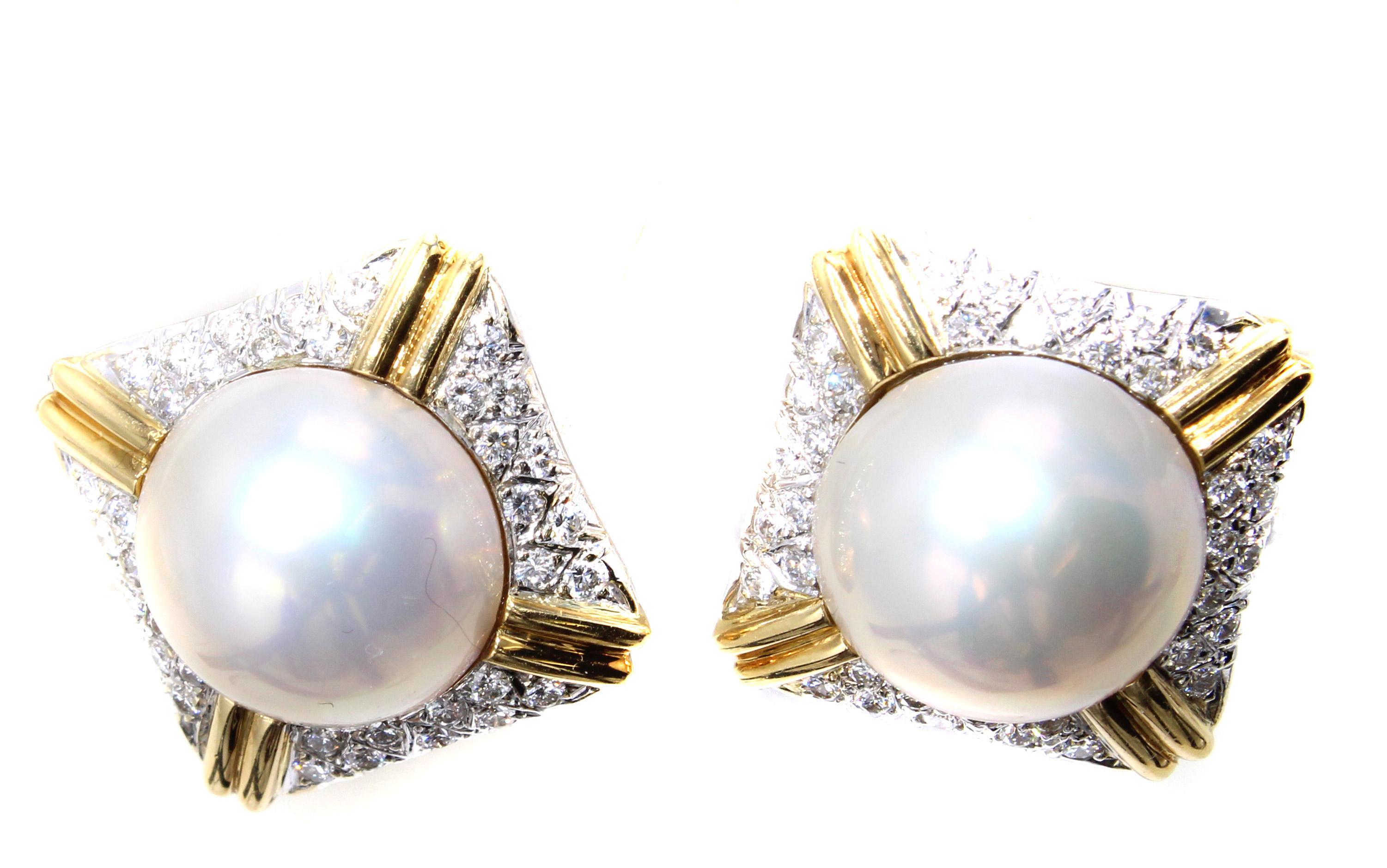 Women's or Men's Mabe Pearl Diamond 18 Karat Gold Ear Clips
