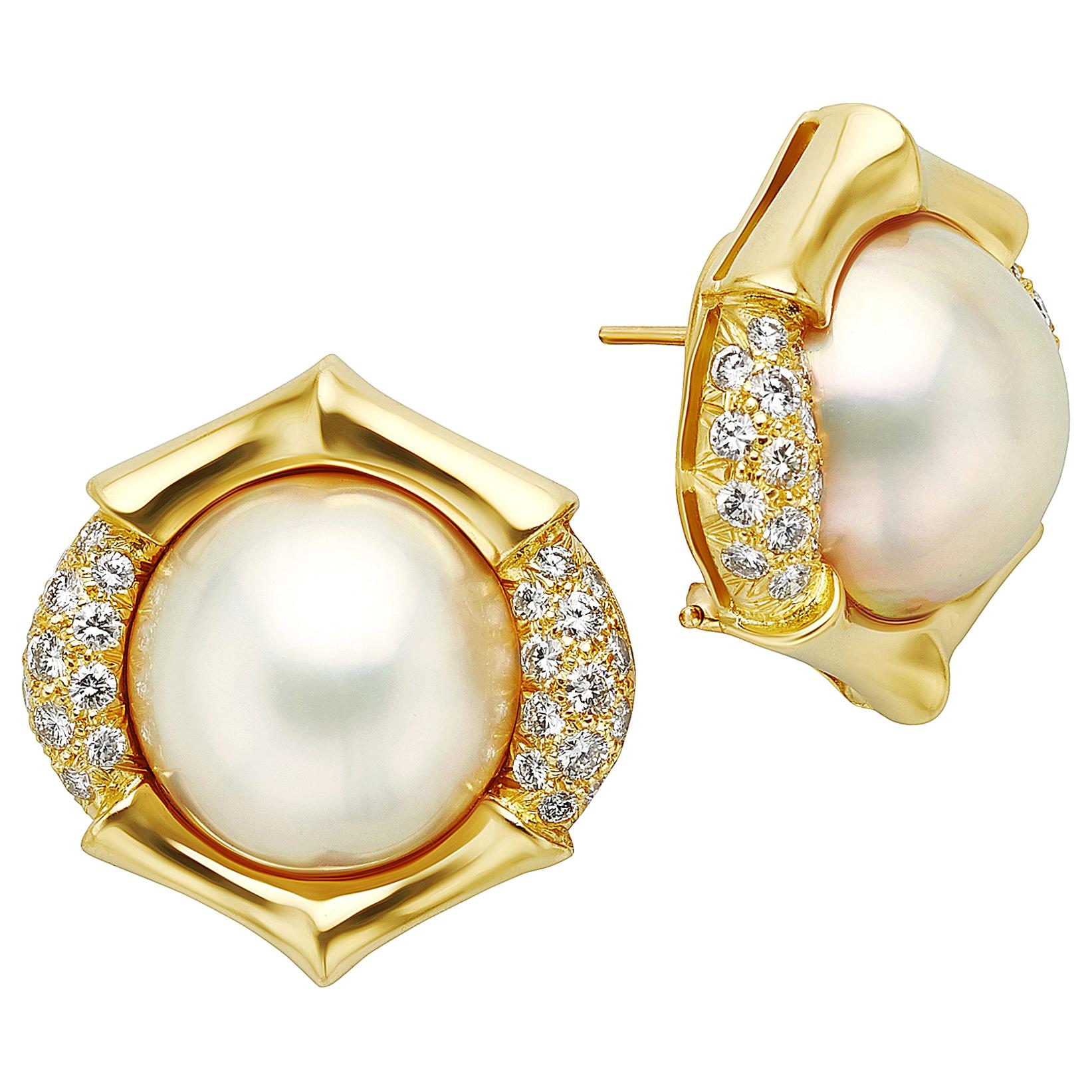 Mabe Pearl, Diamond and 18 Karat Yellow Gold Earrings