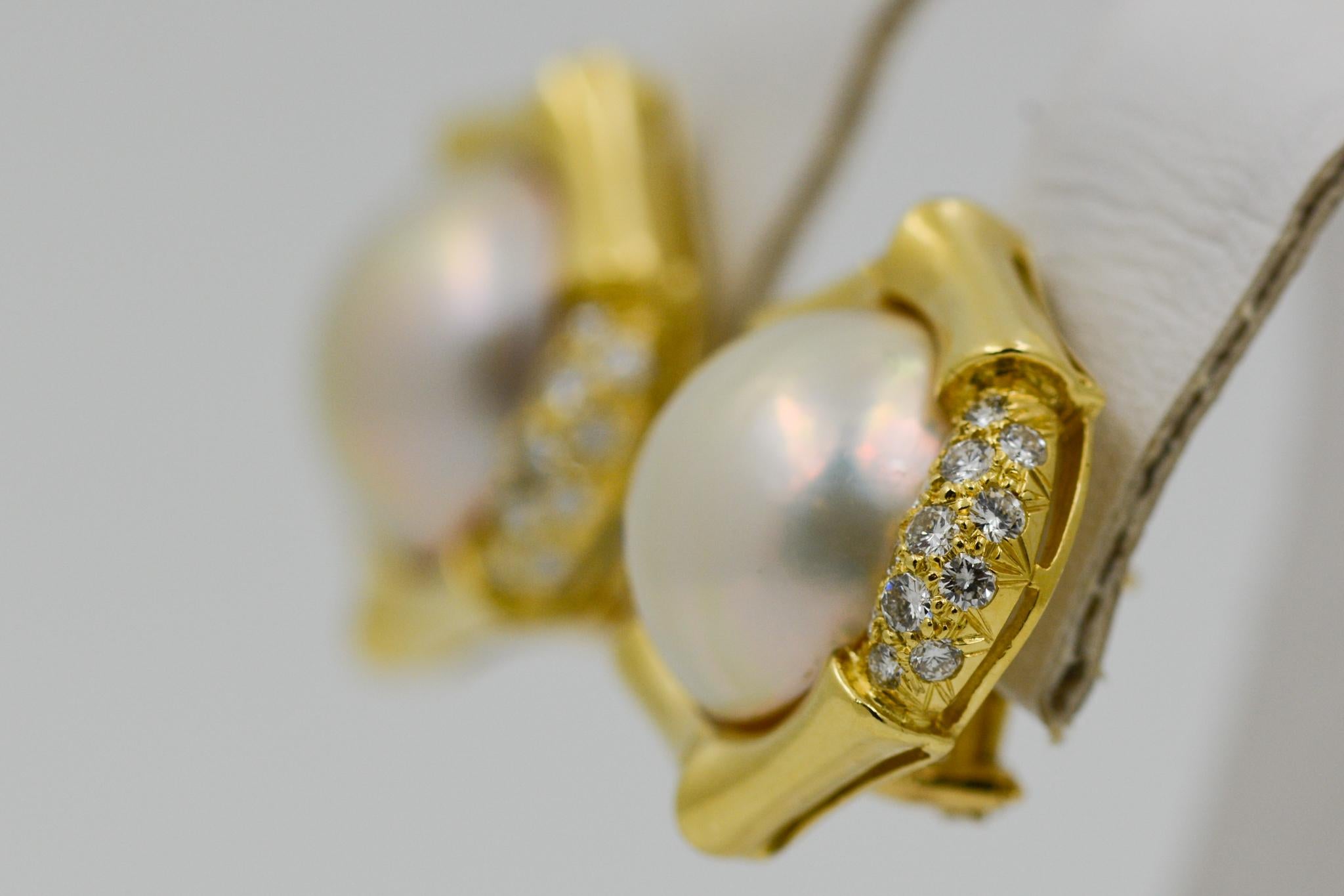 Modern Mabe Pearl, Diamond and 18 Karat Yellow Gold Earrings