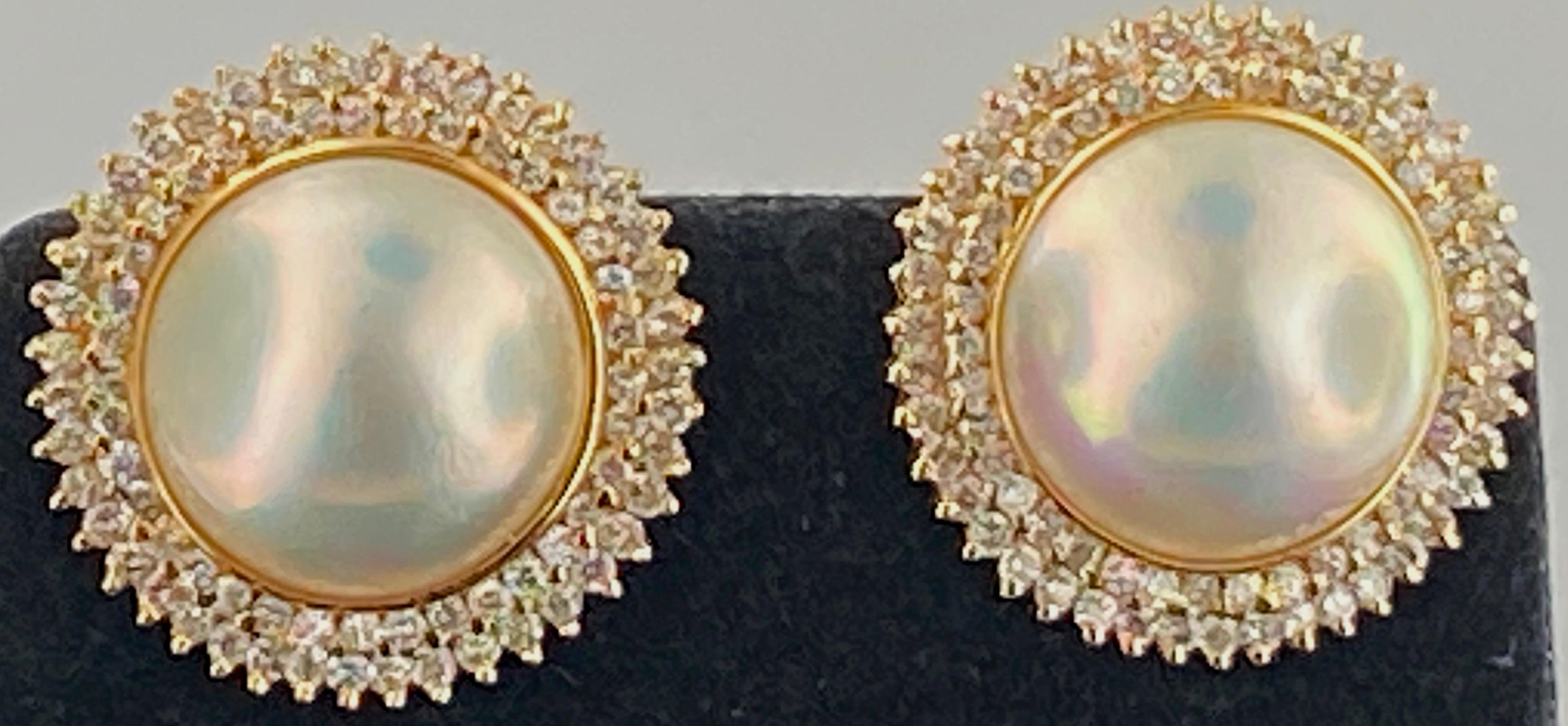 Round Cut Mabe Pearl & Diamond Earrings For Sale