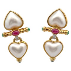 Mabe Perle Diamant Smaragd Rubin Saphir Herztropfen 18KYG Klappbrisur Ohrringe