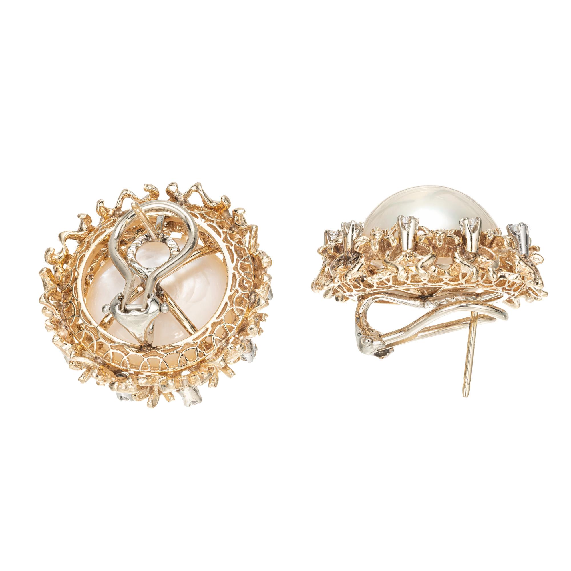 Round Cut Mabe Pearl Diamond Gold Clip Post Earrings For Sale