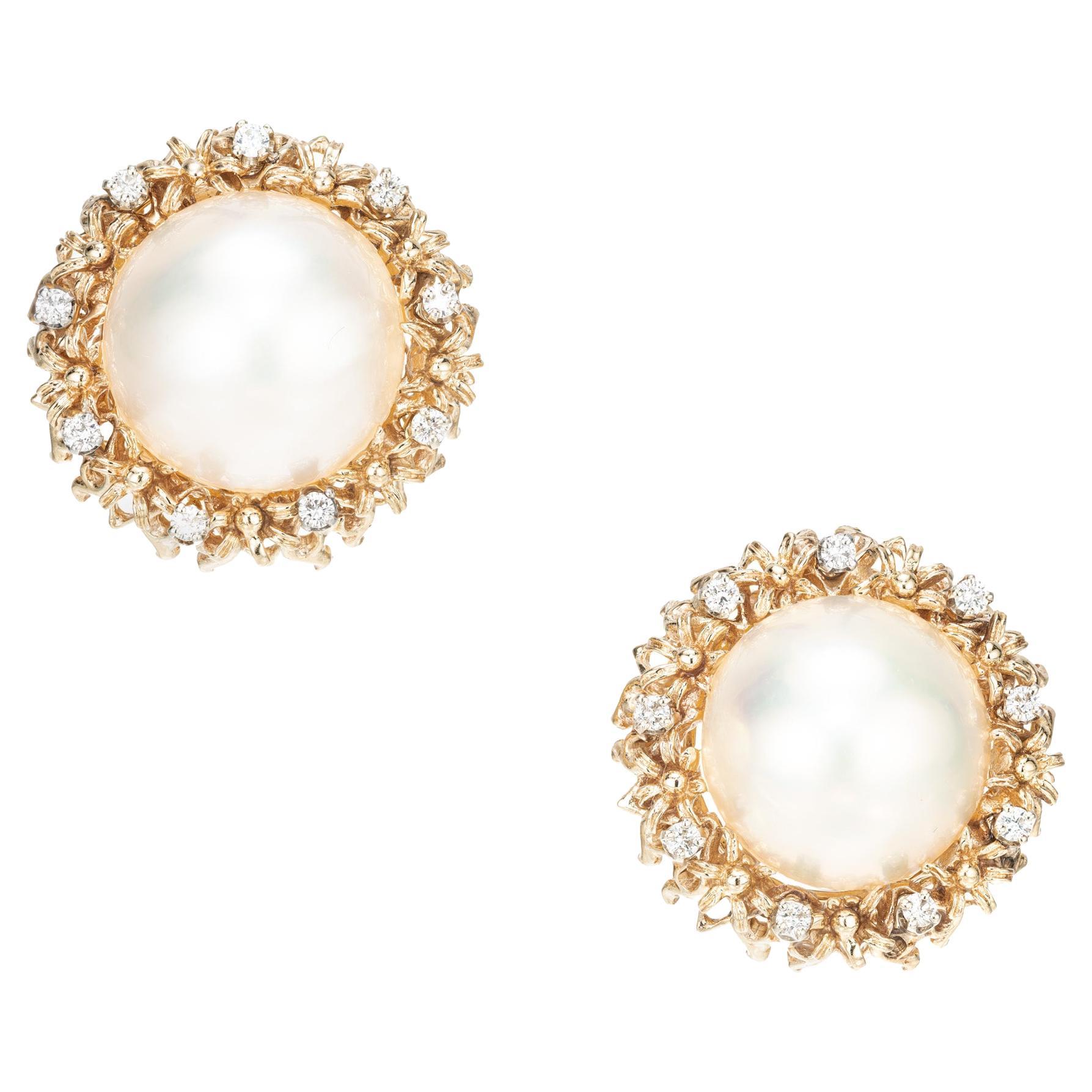 Mabe Pearl Diamond Gold Clip Post Earrings For Sale
