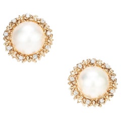 Retro Mabe Pearl Diamond Gold Clip Post Earrings