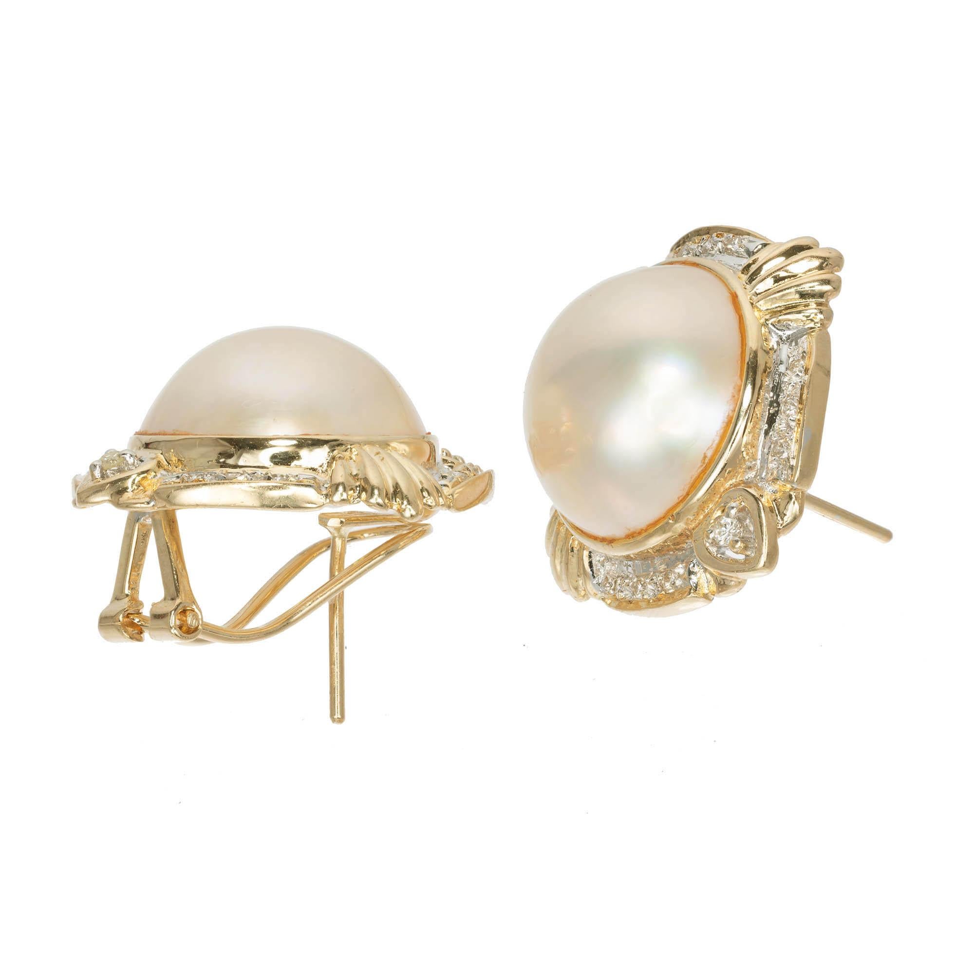 Round Cut Mabe Pearl Diamond Halo Clip Post Earrings