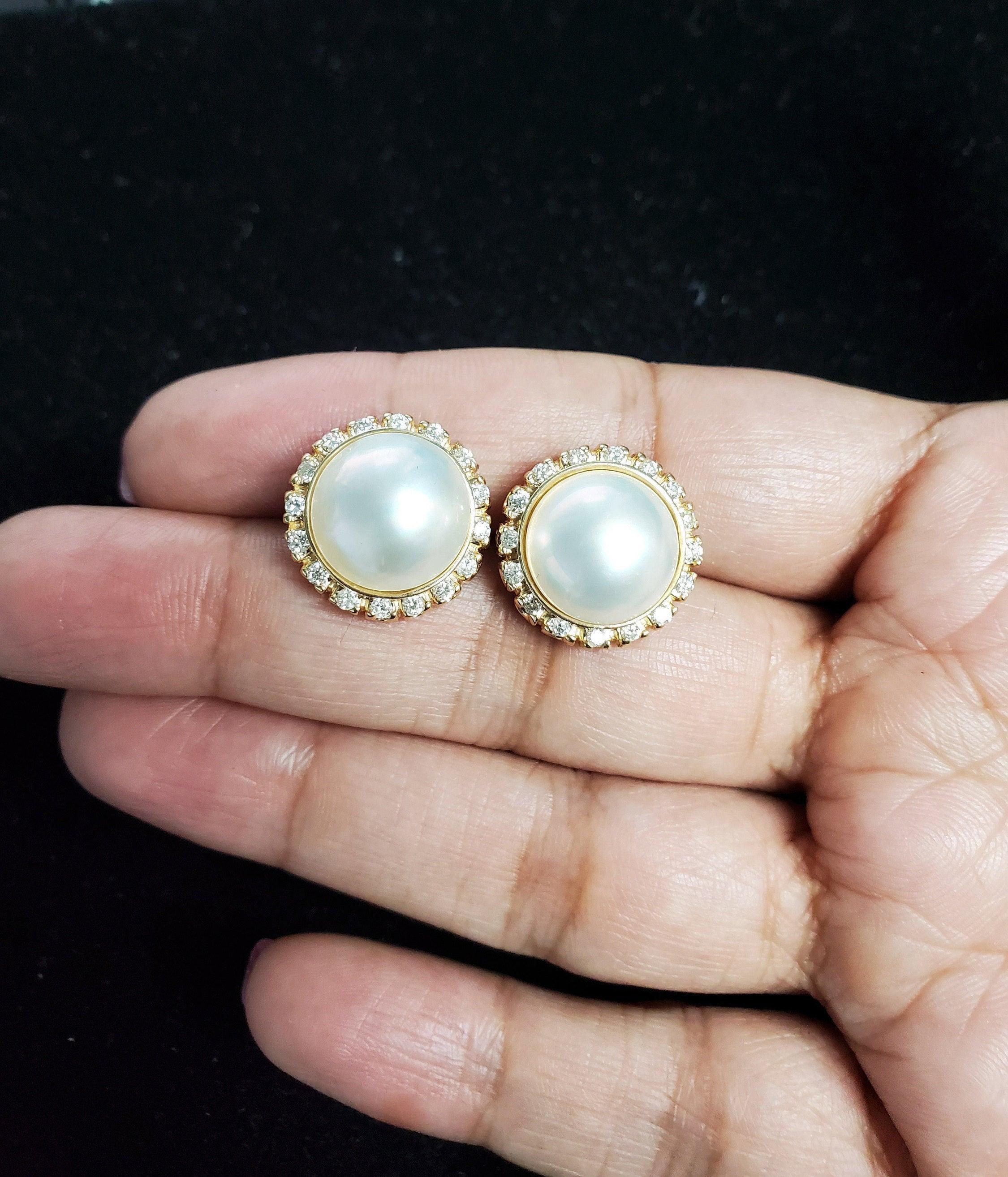 Round Cut Mabe Pearl Diamond Halo Earrings  14k Yellow Gold For Sale