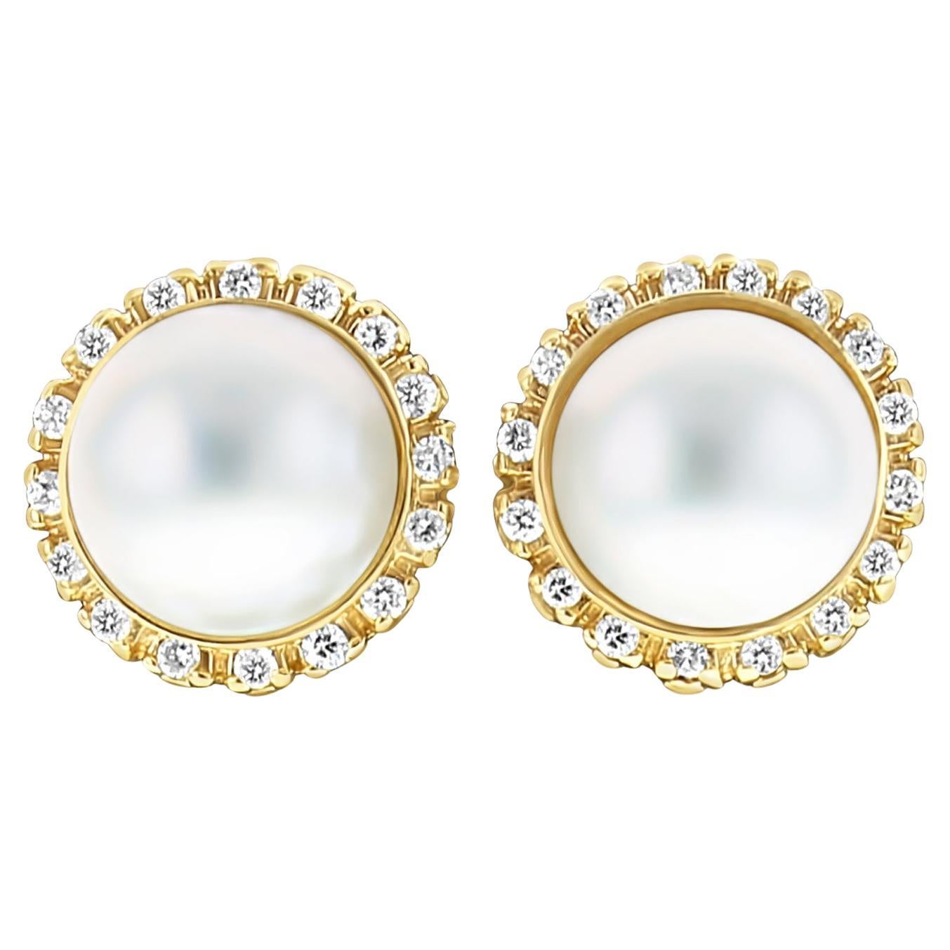 Pendientes Halo de Diamantes y Perlas Mabe  14k Oro Amarillo