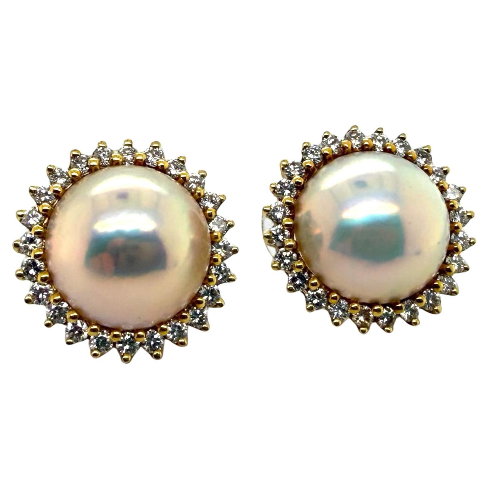 Mabe Pearl Diamond Halo Earrings 18K Yellow Gold