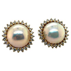 Mabe Pearl Diamond Halo Earrings 18K Yellow Gold