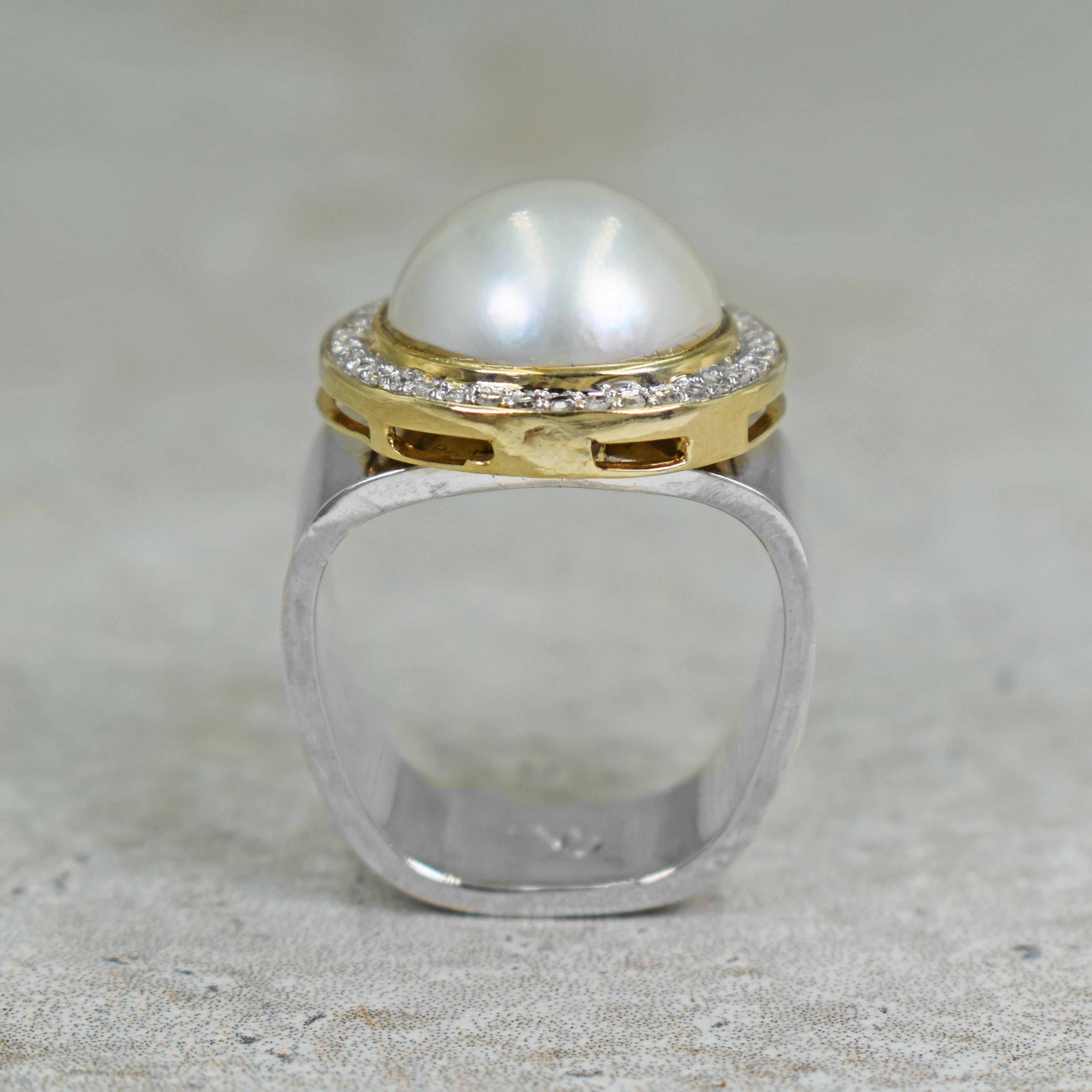 Contemporary Mabe Pearl Diamond Halo Two-Tone Cocktail Ring