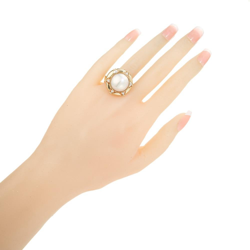 Round Cut Mabe Pearl Diamond Halo Yellow Gold Cocktail Ring For Sale