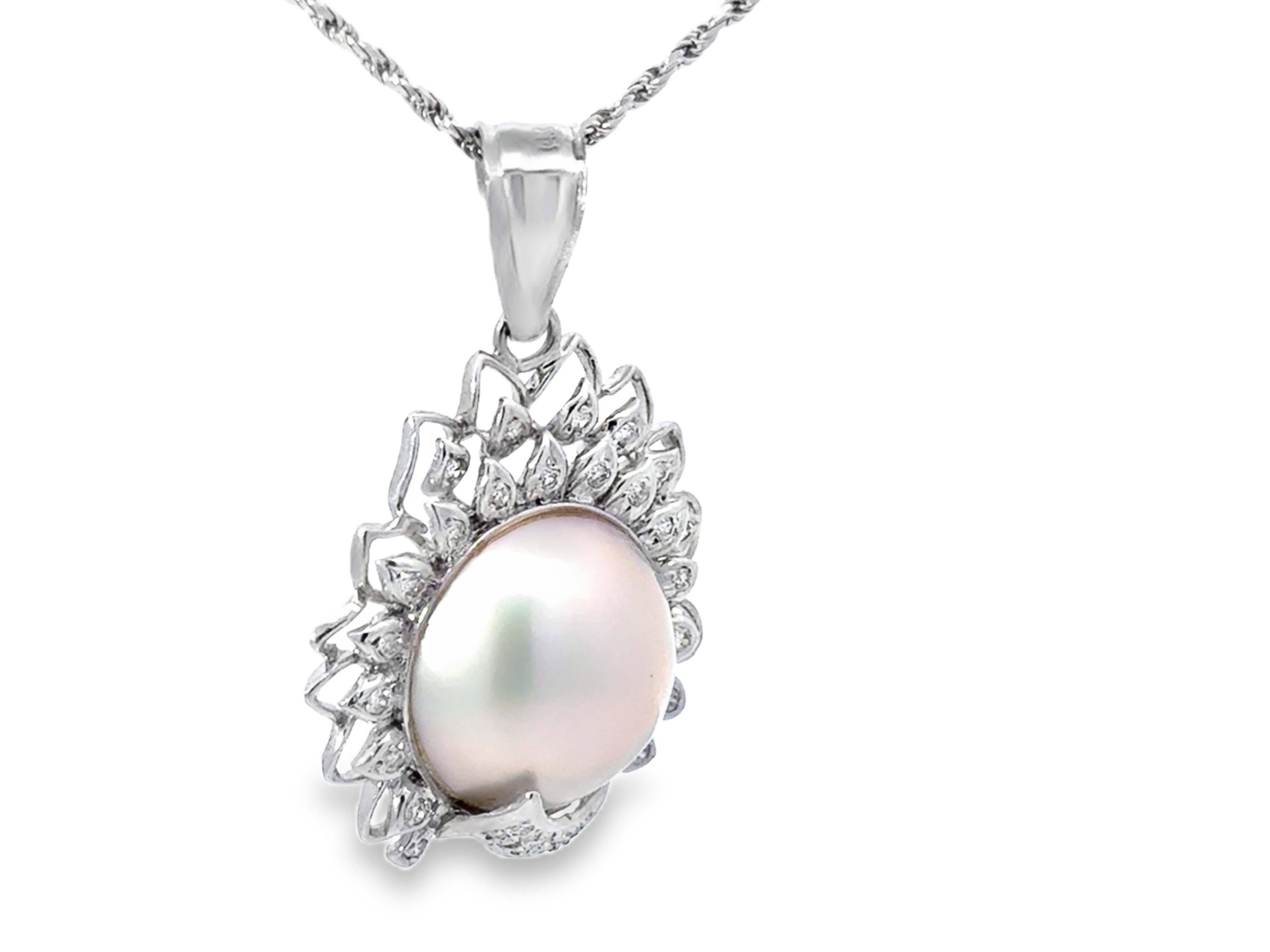 Modern Mabe Pearl Diamond Necklace 14k White Gold For Sale