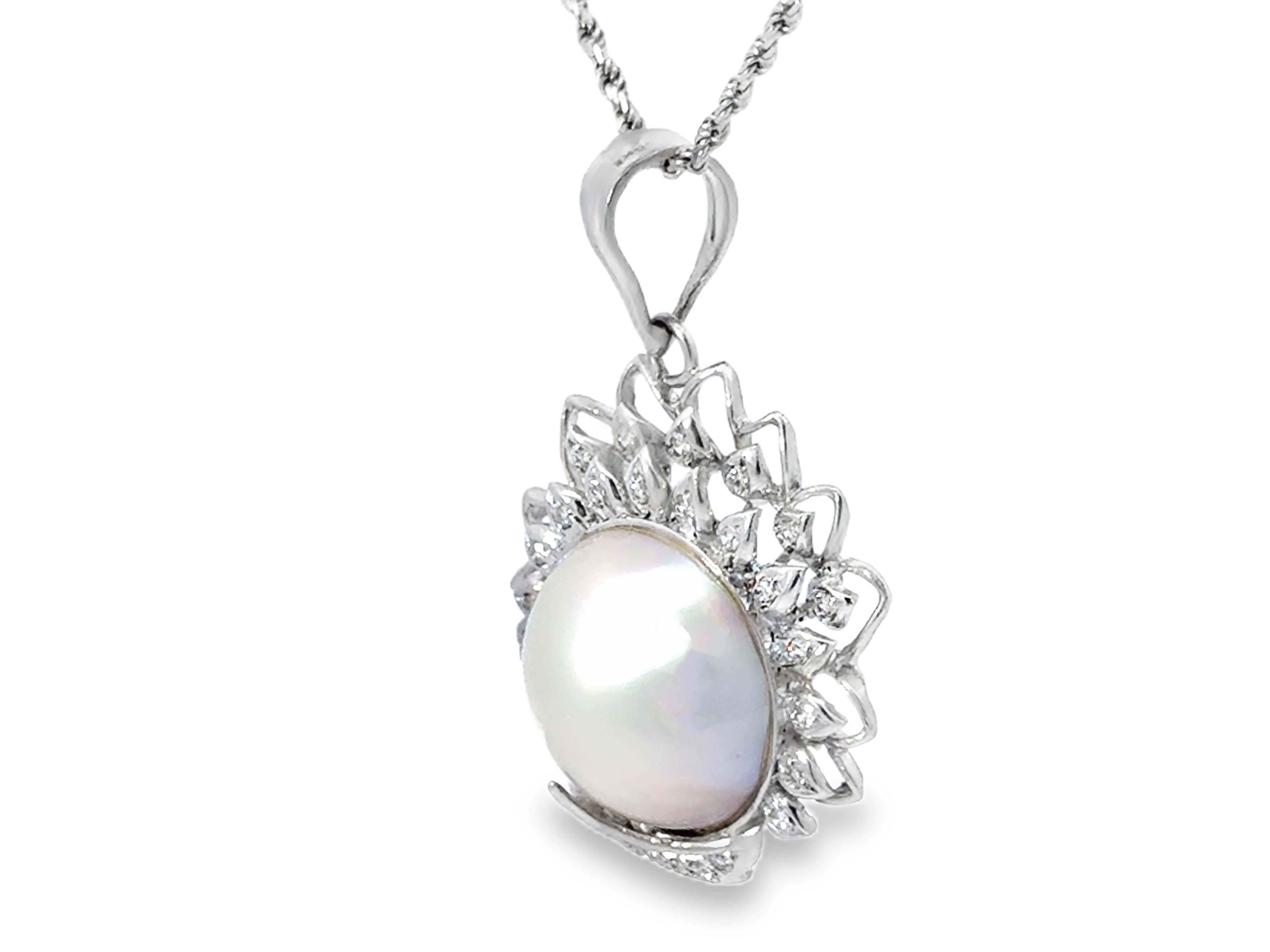 Brilliant Cut Mabe Pearl Diamond Necklace 14k White Gold For Sale