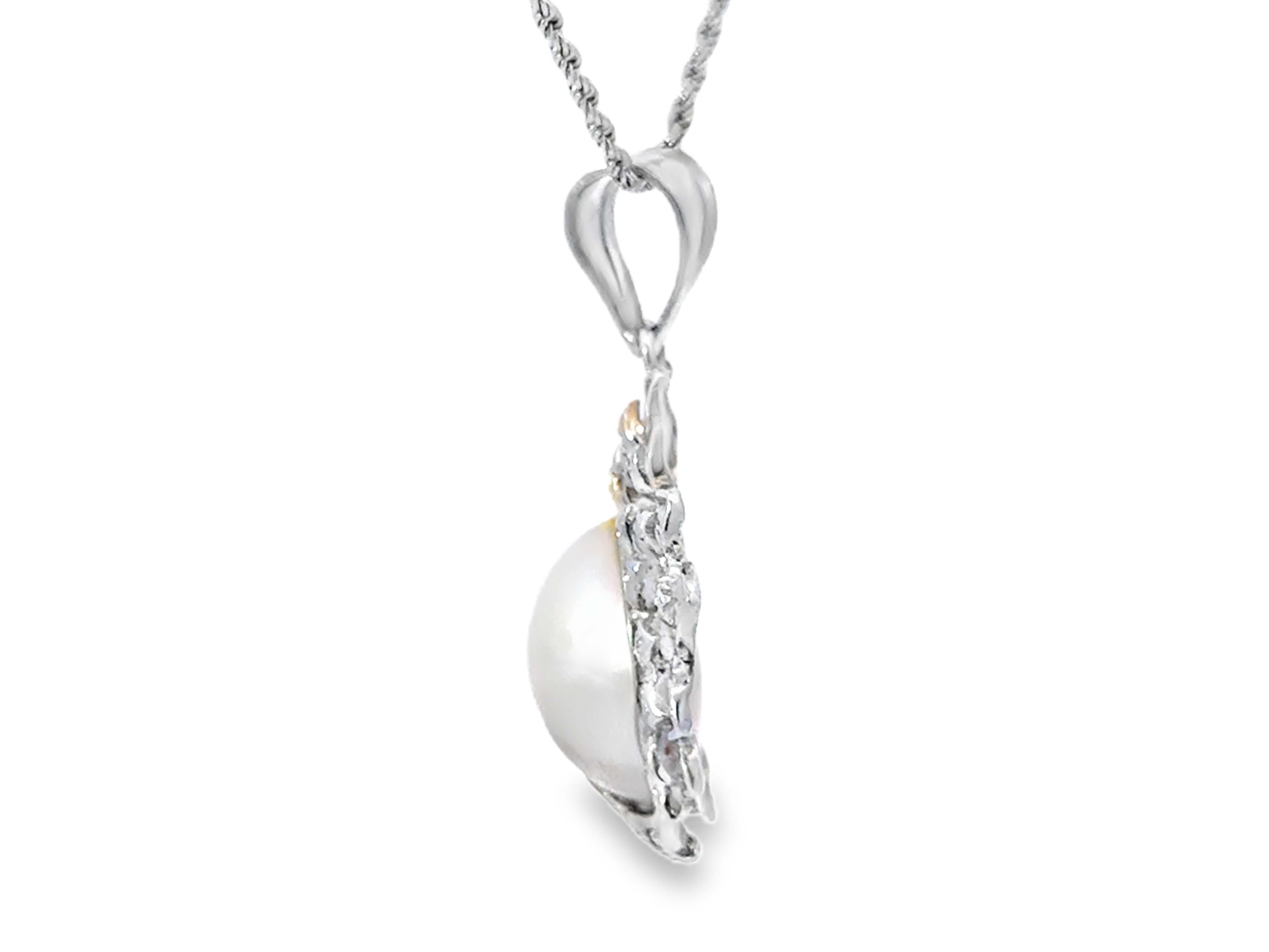 Women's Mabe Pearl Diamond Necklace 14k White Gold For Sale