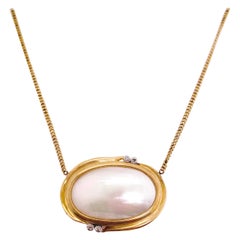 Mabe Pearl Diamond Necklace, Yellow Gold, Pendant, Oval Mabe Pearl East to West