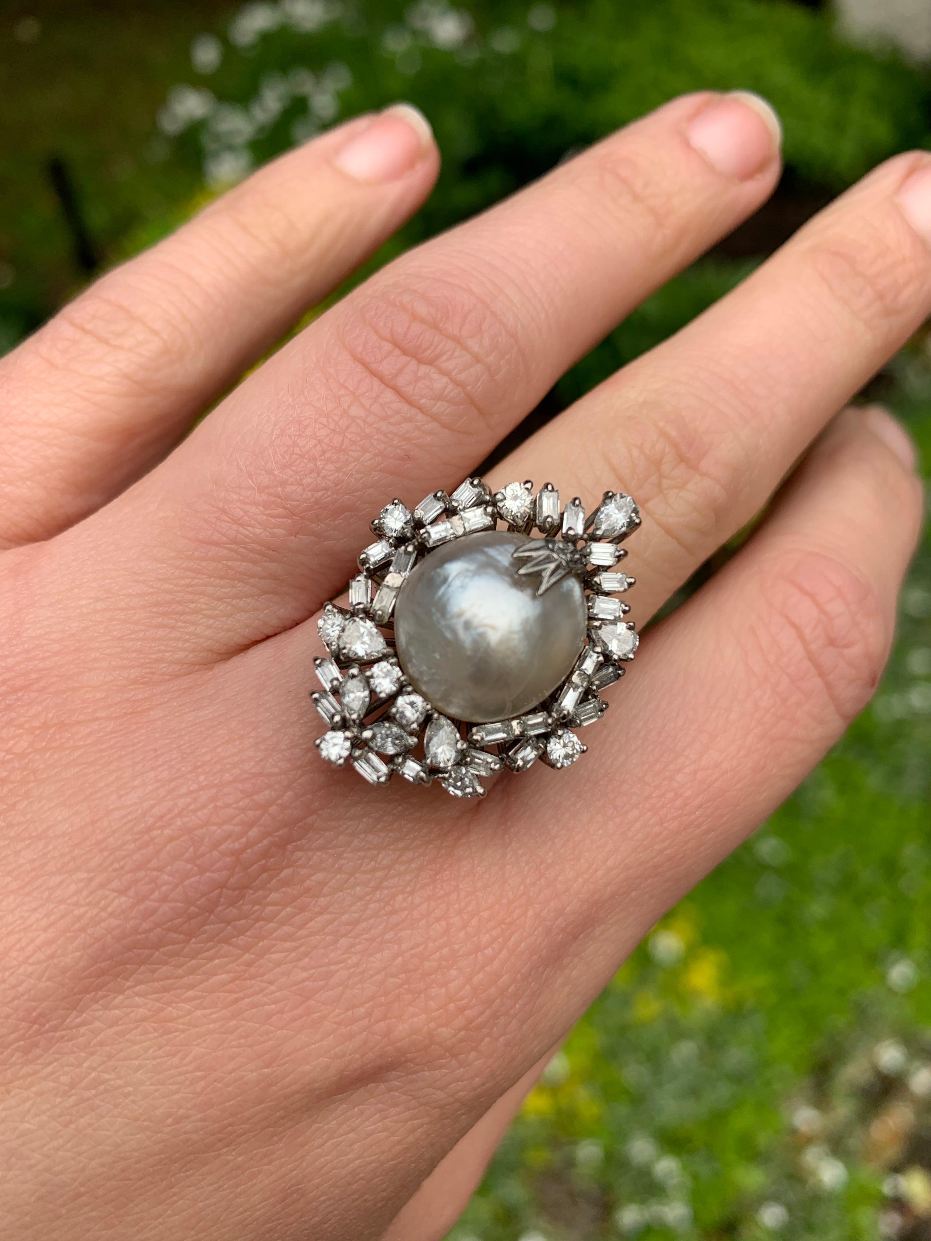 Mabe Pearl & Diamond Spray Cocktail Cluster Ring White Gold 4