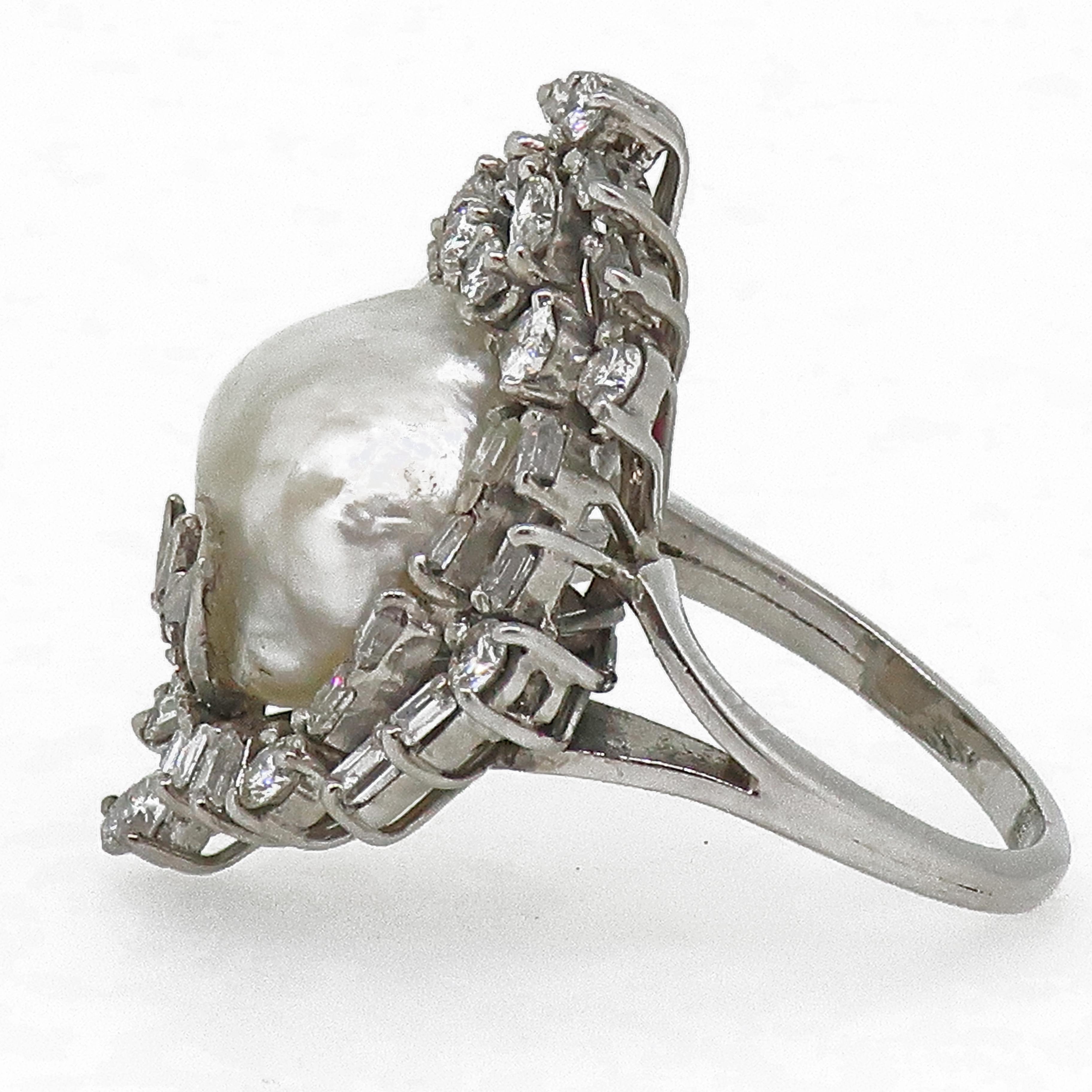 Edwardian Mabe Pearl & Diamond Spray Cocktail Cluster Ring White Gold