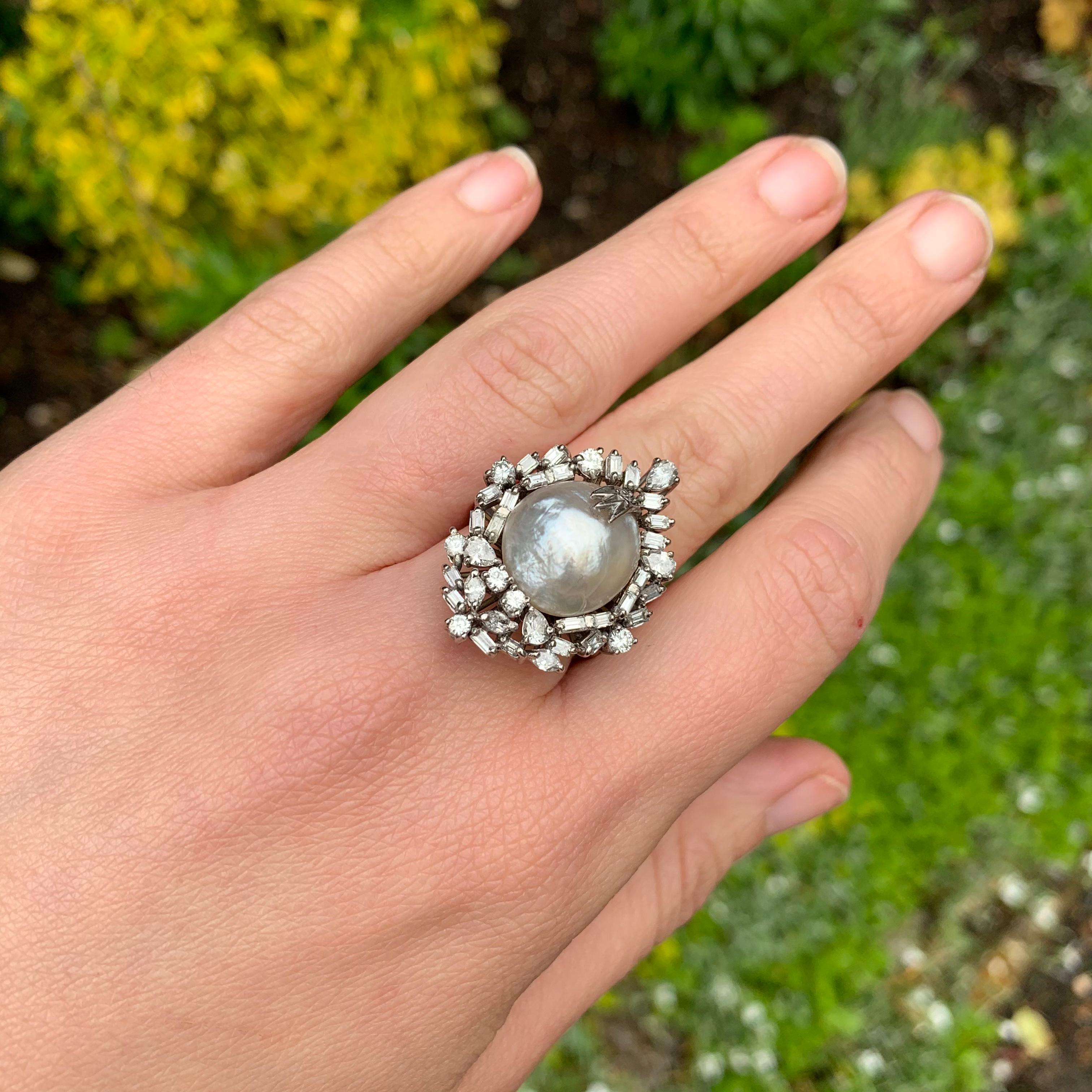 Mabe Pearl & Diamond Spray Cocktail Cluster Ring White Gold 3