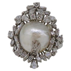 Vintage Mabe Pearl & Diamond Spray Cocktail Cluster Ring White Gold