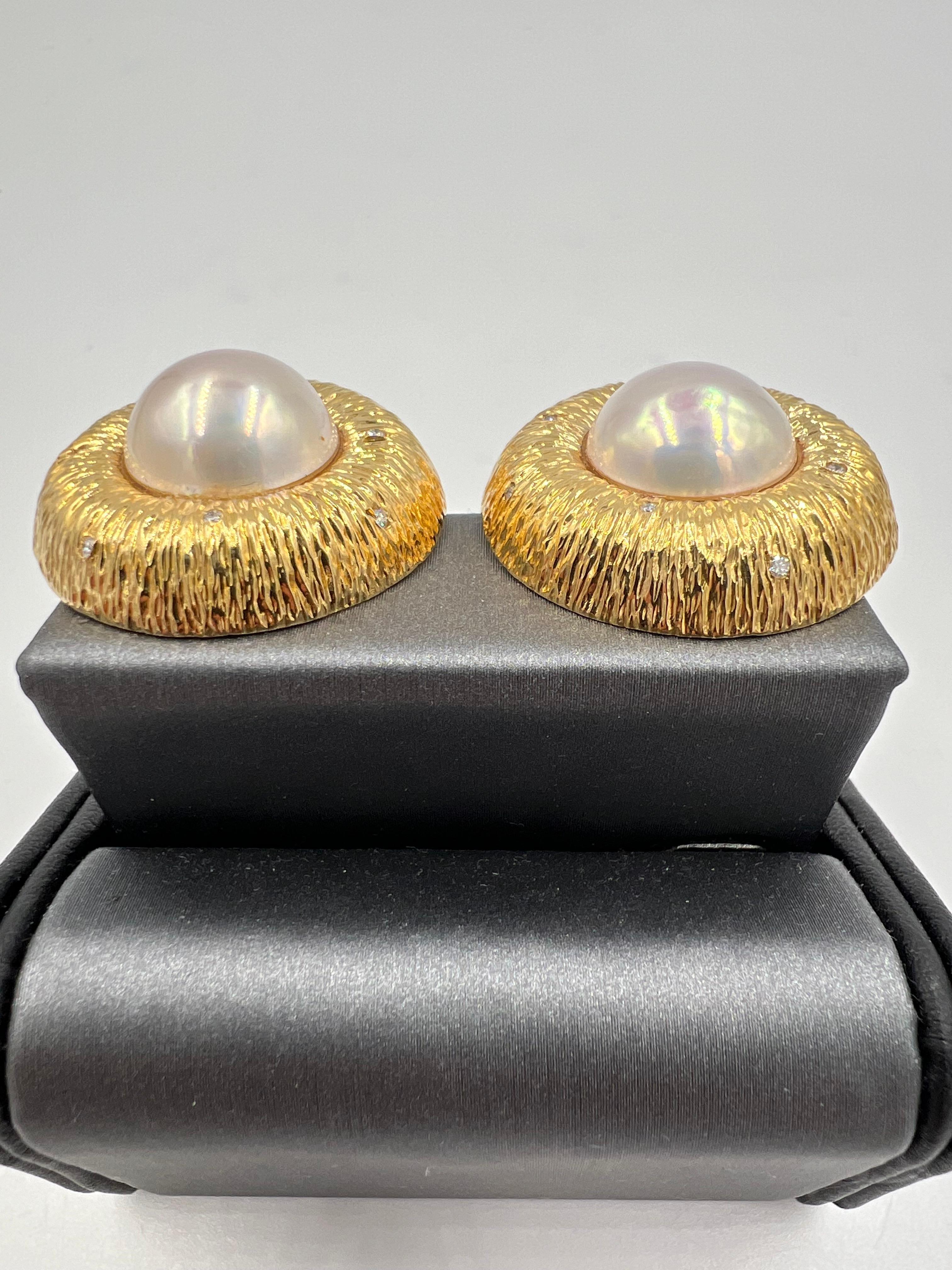 Contemporary 1990s Mabe Pearl Diamond Yellow Gold Earrings For Sale