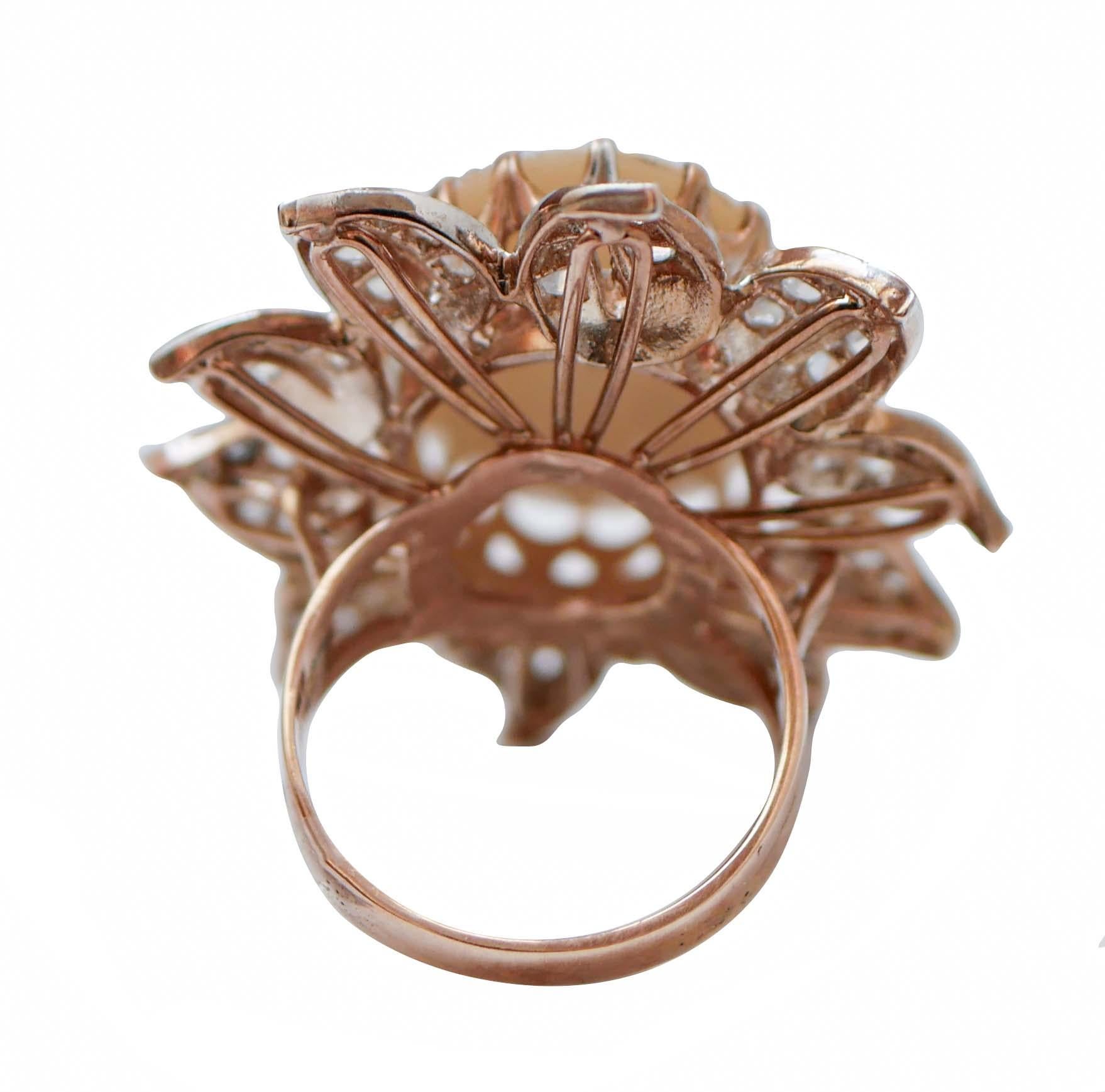 Retro Mabè Pearl, Diamonds, Rose Gold and Silver Flower Ring. For Sale