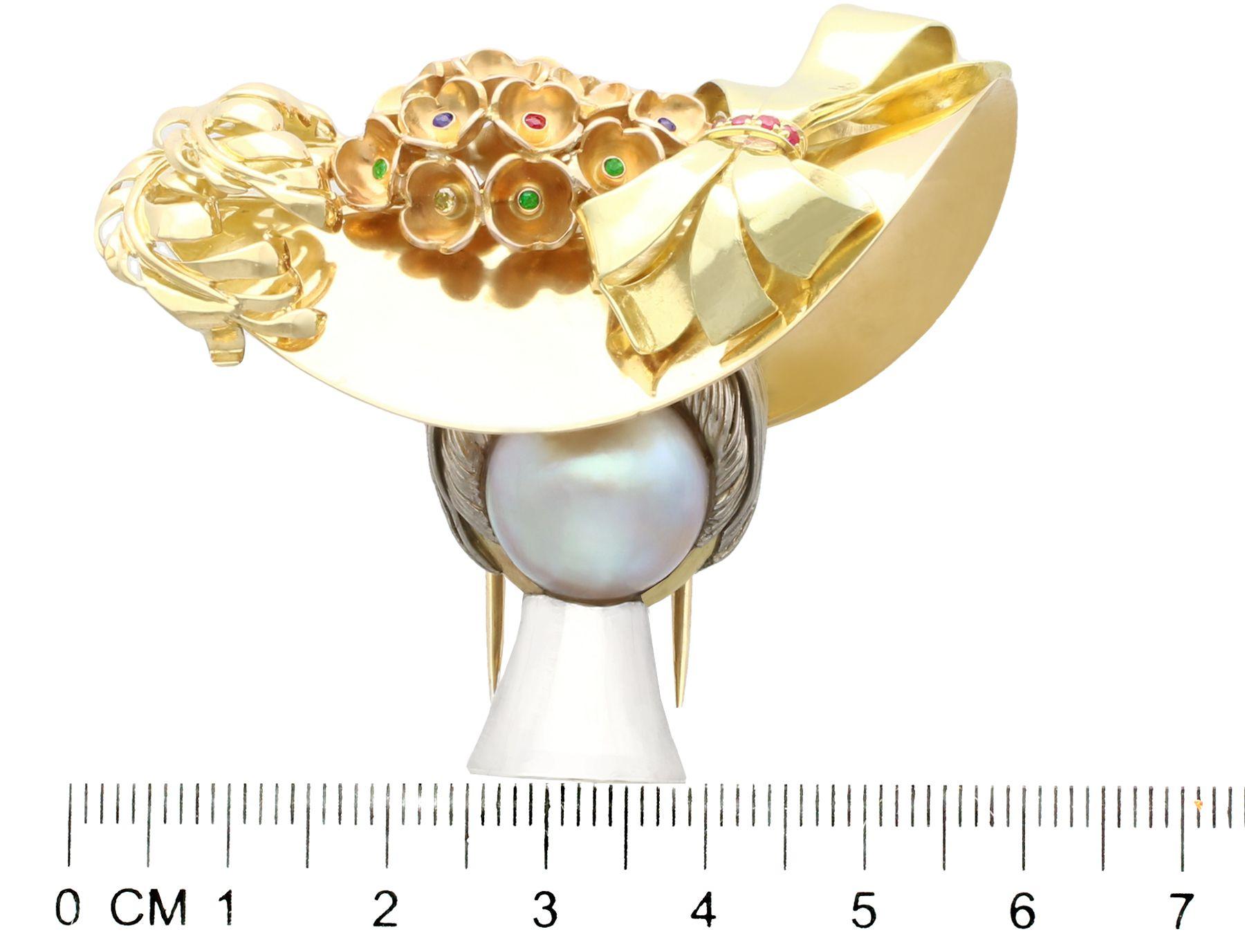 Mabe Pearl Fancy Yellow Diamond Ruby Sapphire and Emerald Yellow Gold Brooch For Sale 2