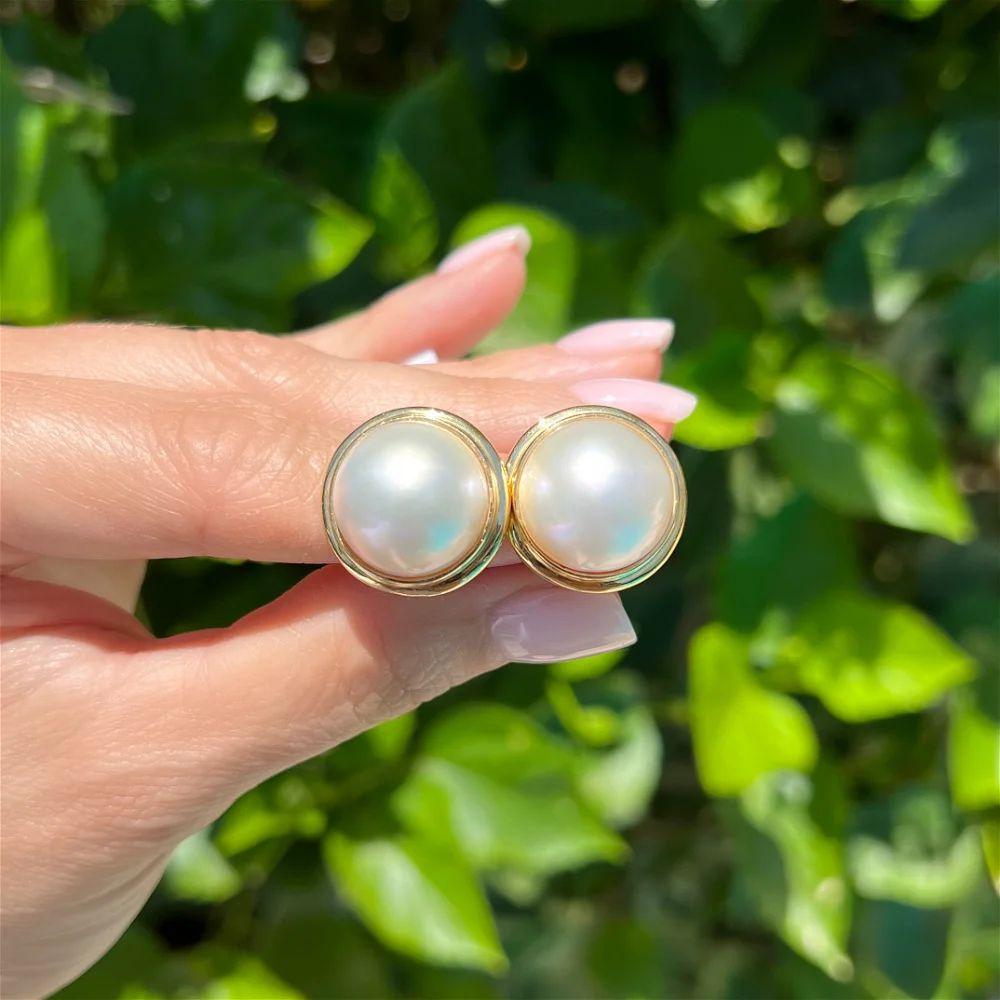 Modern Mabe Pearl French Clip Gold Vintage Earrings For Sale