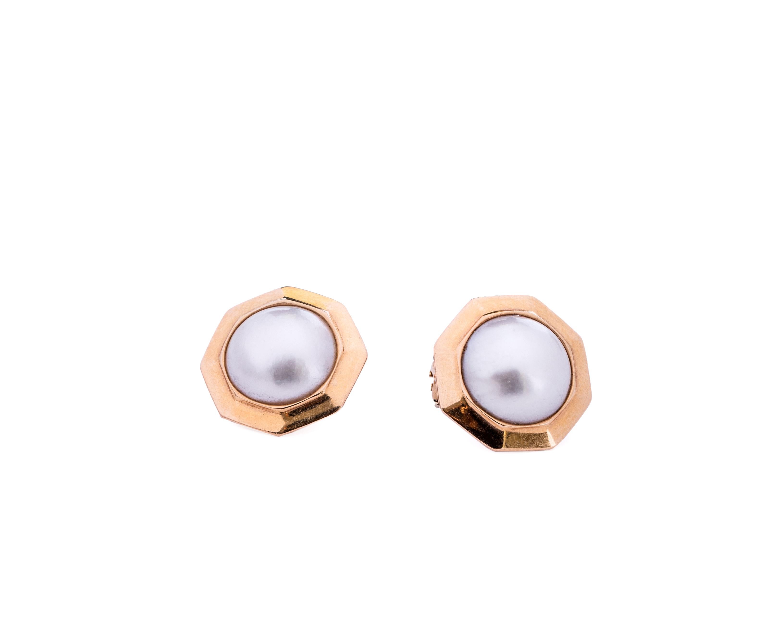 Item Detail:
Metal Type: 14 Karat Yellow Gold
Measurement: 1 Inch Diameter 
Weight: 10.6 grams

Pearl Details:
15 Millimeter Measurement (each)
Mabe Pearl

Beautiful, retro vintage design from the 1970s. Crafted in 14 Karat Yellow Gold octagonal