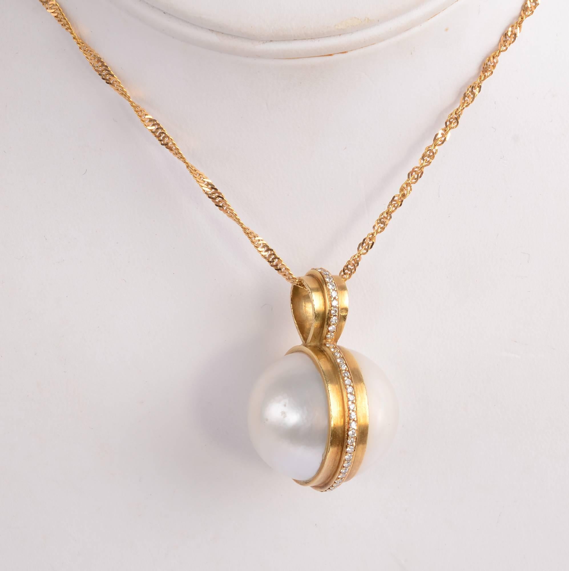 Modern Mabe Pearl Gold Diamond Pendant Necklace