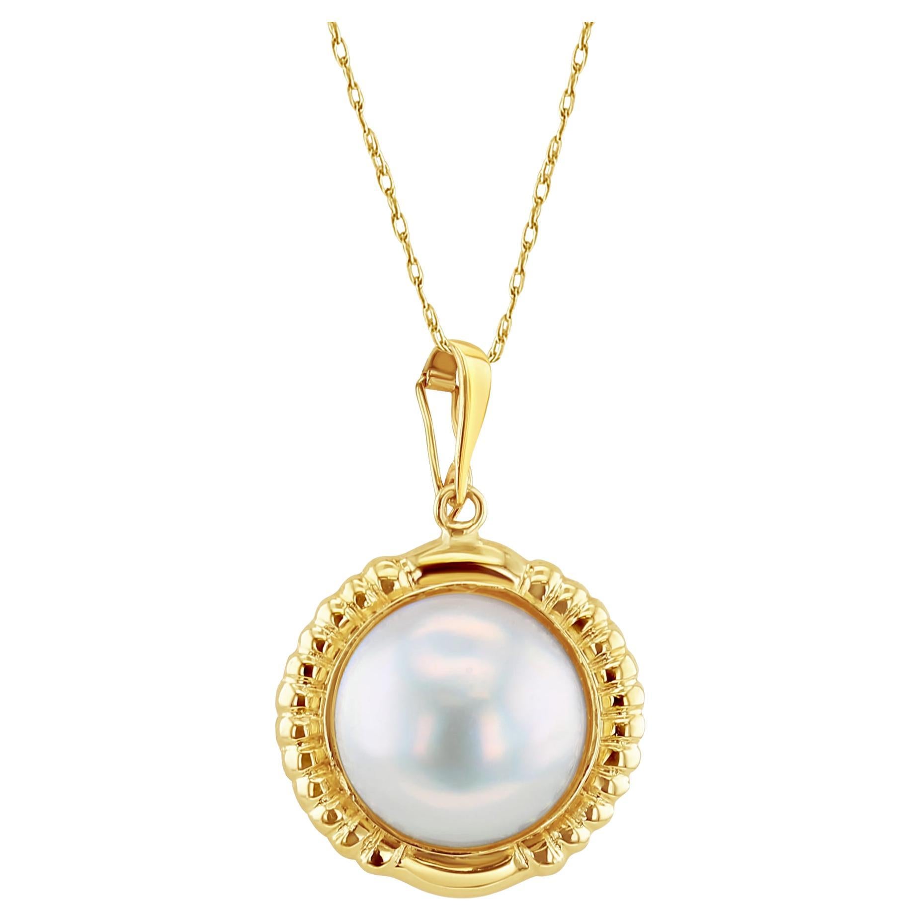 Mabe Pearl Necklace With Ridged Gold Bezel  14k Yellow Gold