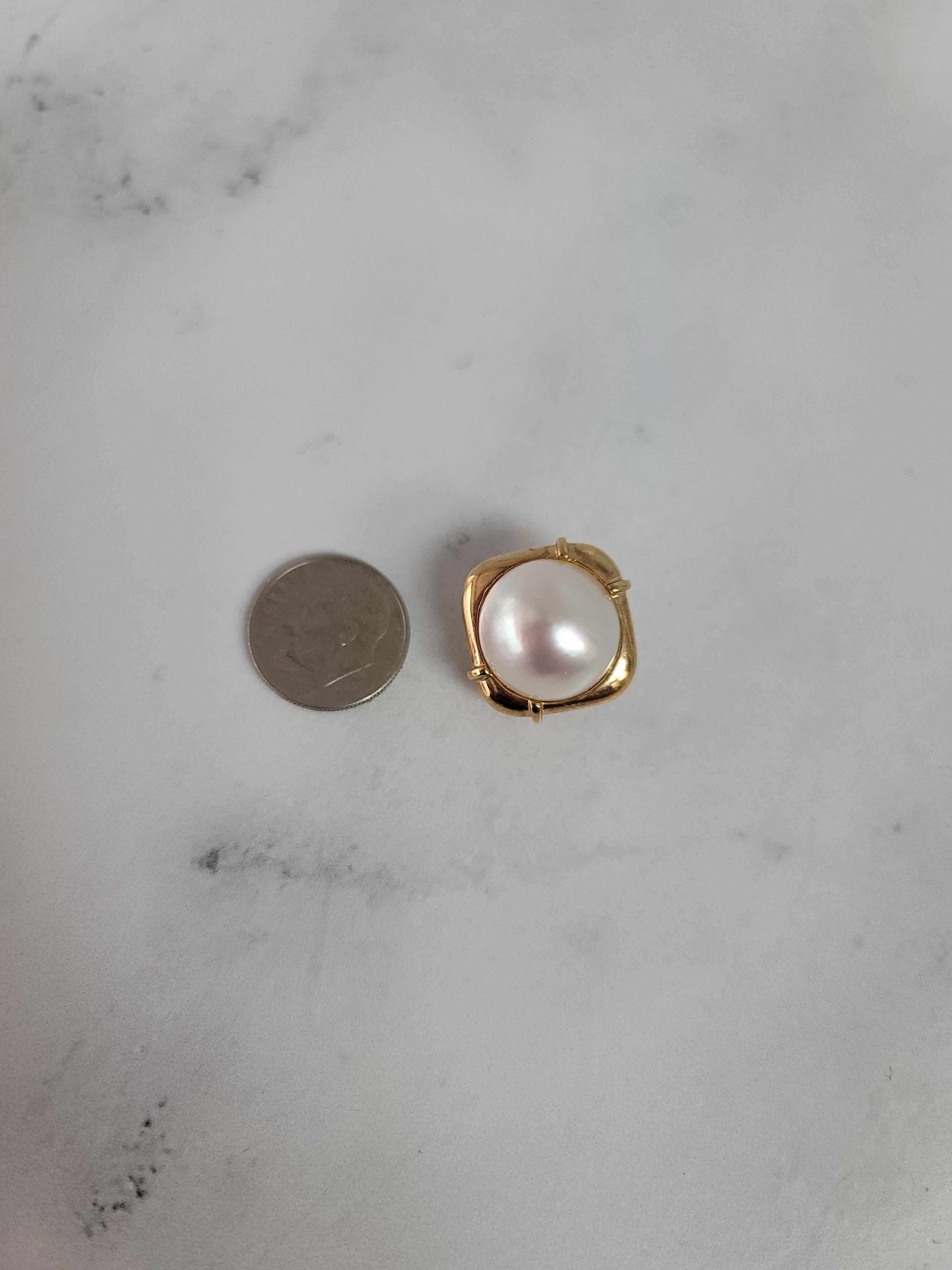 Round Cut Mabe Pearl Omega Clip Mabe Pearl Omega Clip On Earrings with Square Gold setting For Sale