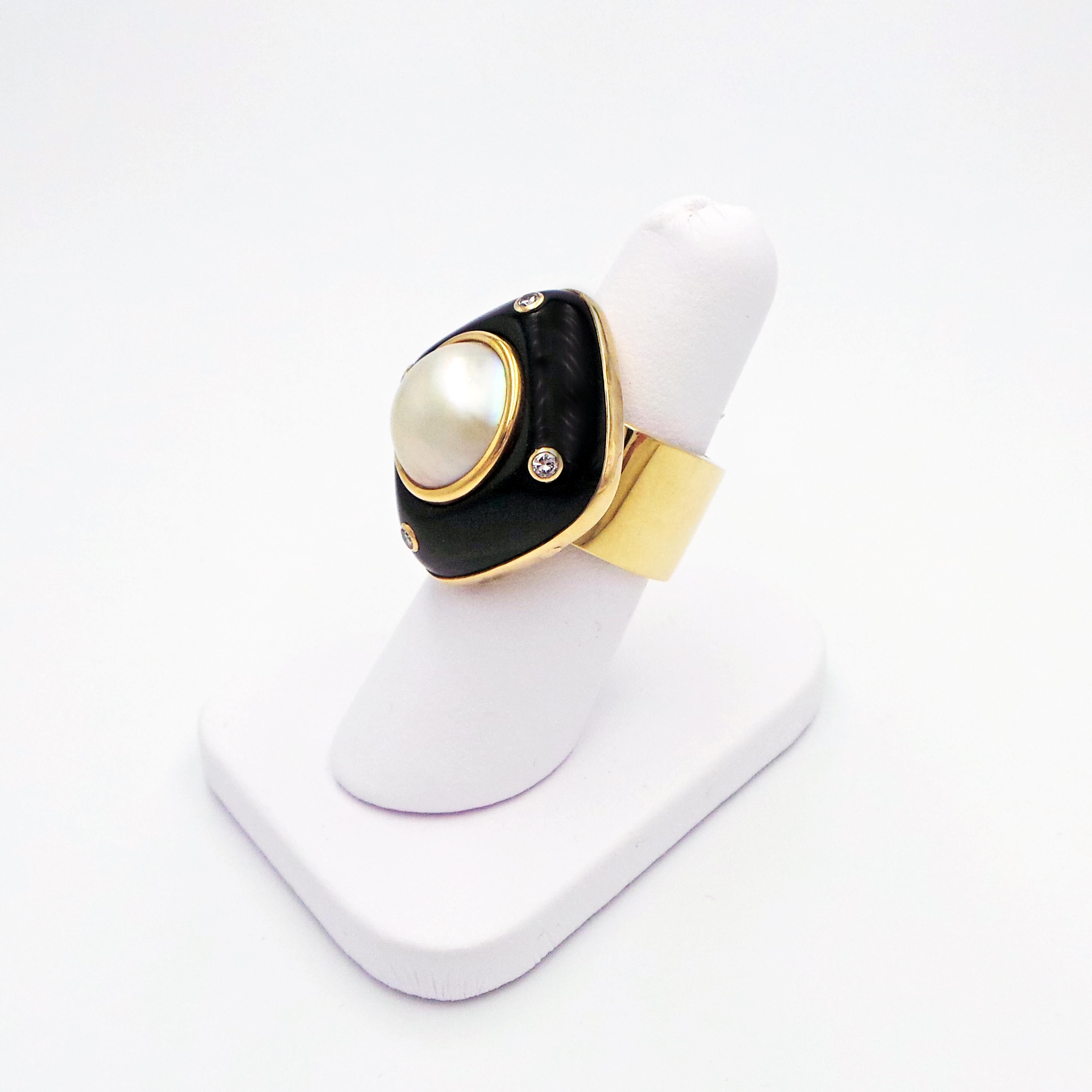 Women's Mabe Pearl, Onyx and Diamond 14k Gold Cocktail Ring