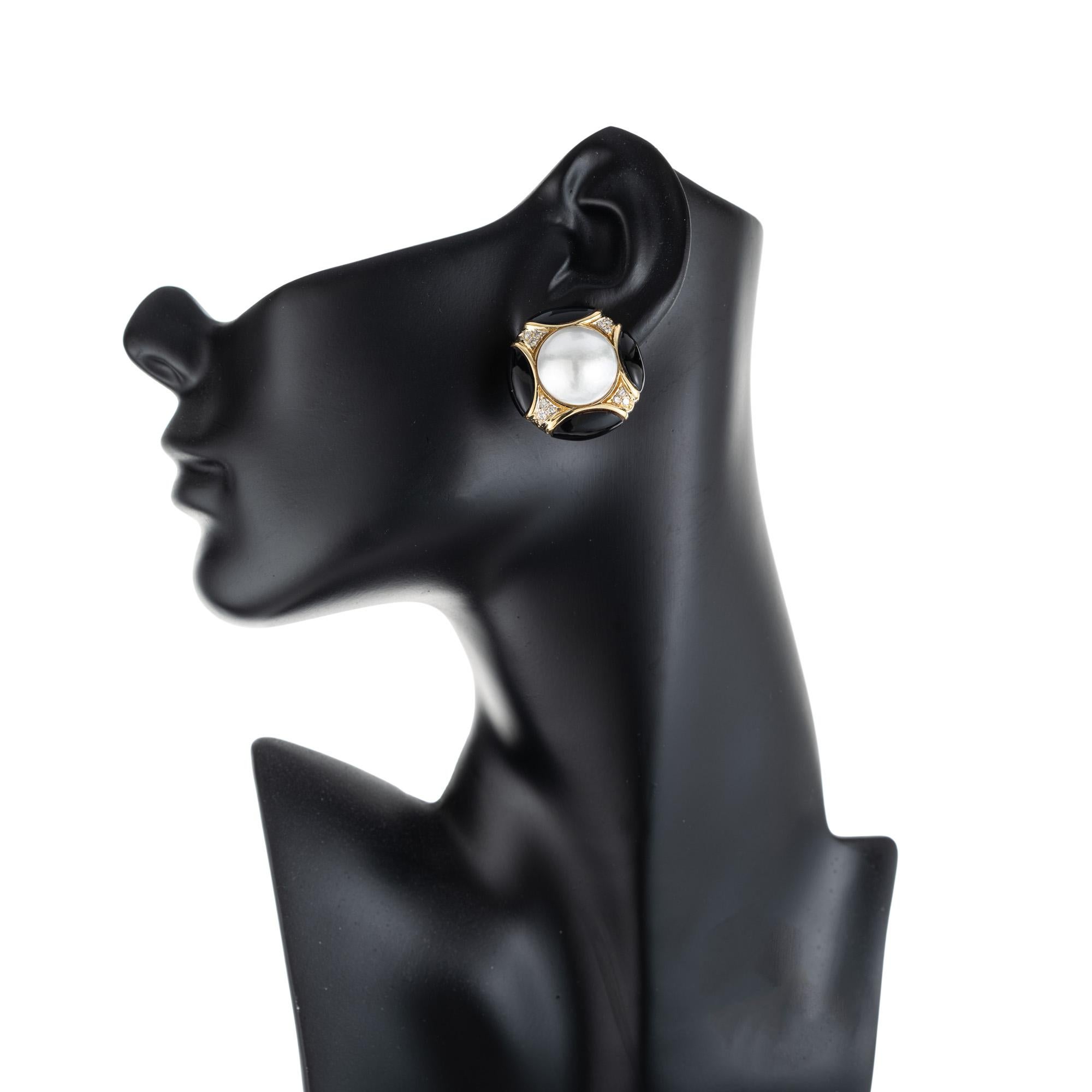 Round Cut Mabe Pearl Onyx Round Diamond Yellow Gold Post Clip Earrings