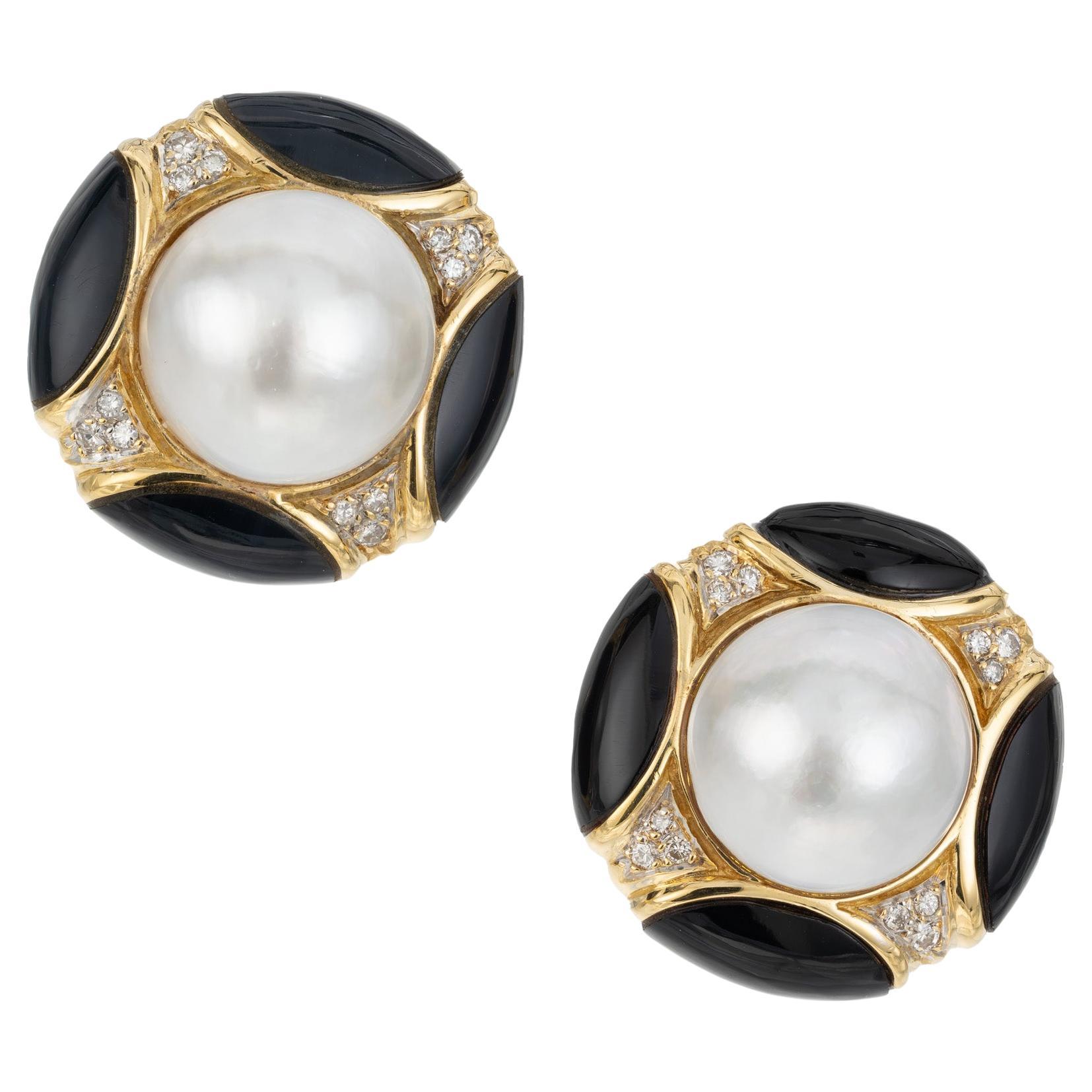 Mabe Pearl Onyx Round Diamond Yellow Gold Post Clip Earrings