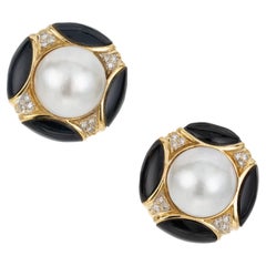 Mabe Pearl Onyx Round Diamond Yellow Gold Post Clip Earrings