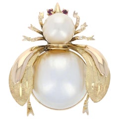 Mabe Pearl, Pearl, and Ruby Insect Brooch, 14 Karat Yellow Gold Pin